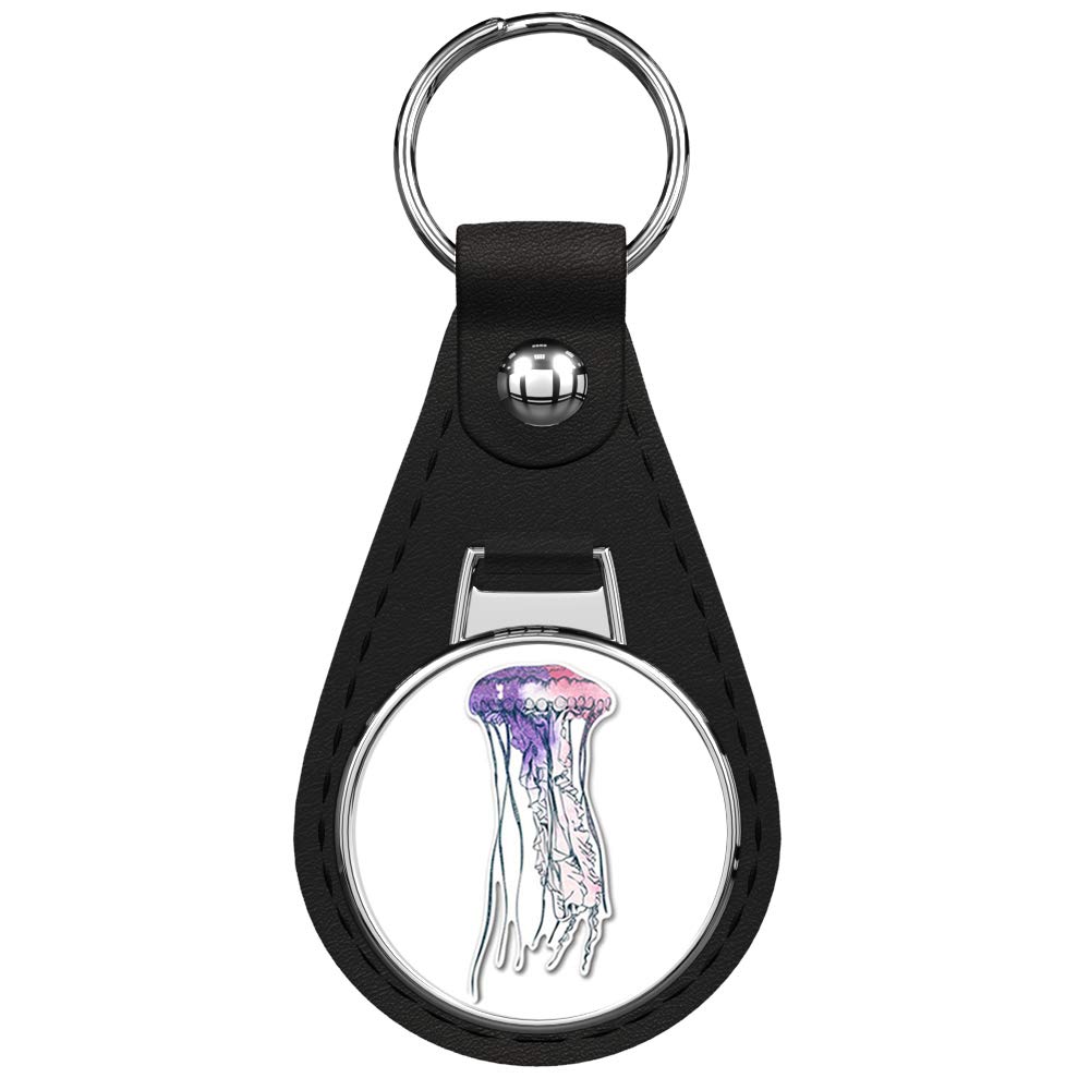 Elegant Jellyfish Watercolor Black Leather Keychain with Silver Keyring - Perfect for Gifts, Travel Accessories & Everyday Use