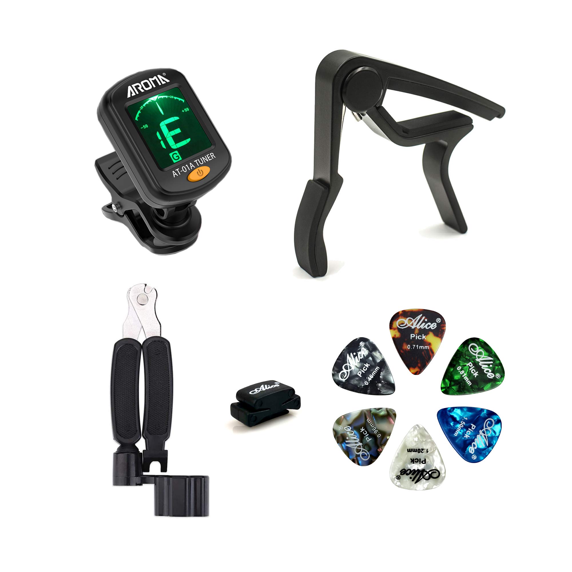 Meeland Guitar Tuner & Capo Kit - Mini Clip-On Tuner for Guitar, Bass, Ukulele, Violin with Black Capo, 6 Picks & String Winder - Perfect for Musicians, Beginners & as Musical Gift (Ideal for Practice, Performances & Travel)