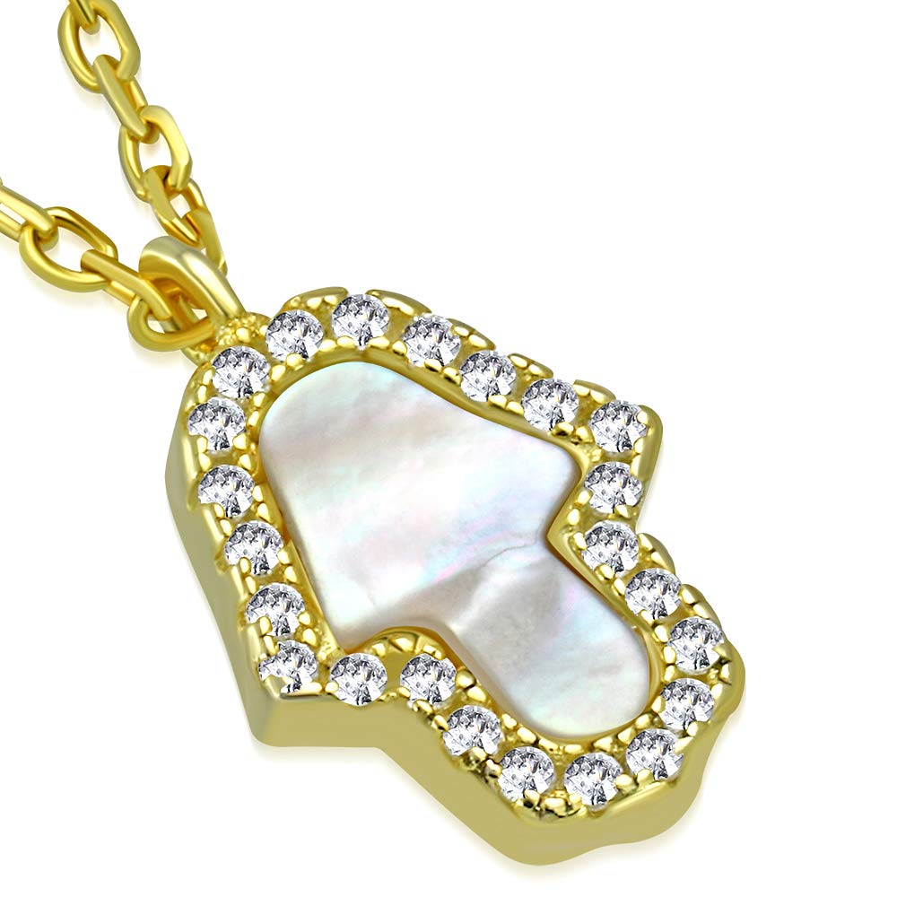 925 Sterling Silver Hamsa Pendant Necklace with Simulated Mother of Pearl & CZ Stones - 18