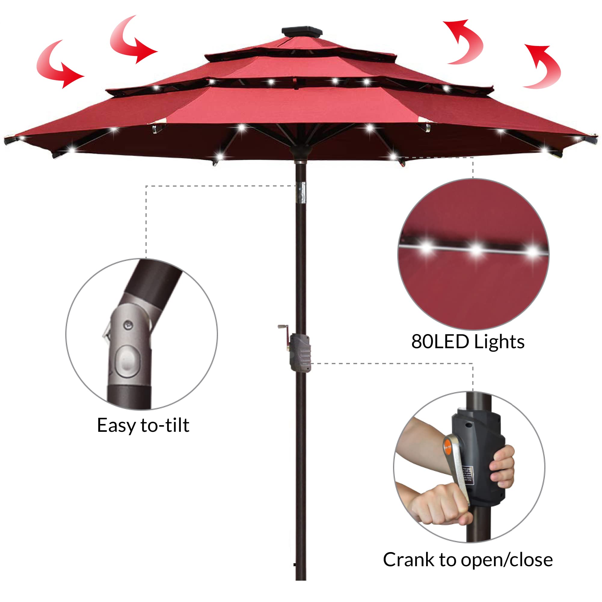 EliteShade USA 10-Year Fade-Resistant 9ft 3-Tier Solar Patio Umbrella with 80 LED Lights - Outdoor Table Umbrella with Ventilation, Burgundy Red - Perfect for Backyard, Poolside, and Restaurant Outdoor Dining