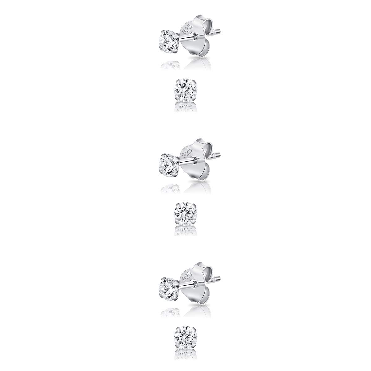 925 Sterling Silver Cubic Zirconia Stud Earrings Set of 3 (2mm, 3mm, 4mm, 5mm) - Hypoallergenic CZ Diamond Studs for Women & Men - Perfect for Everyday Wear, Gifts & Special Occasions