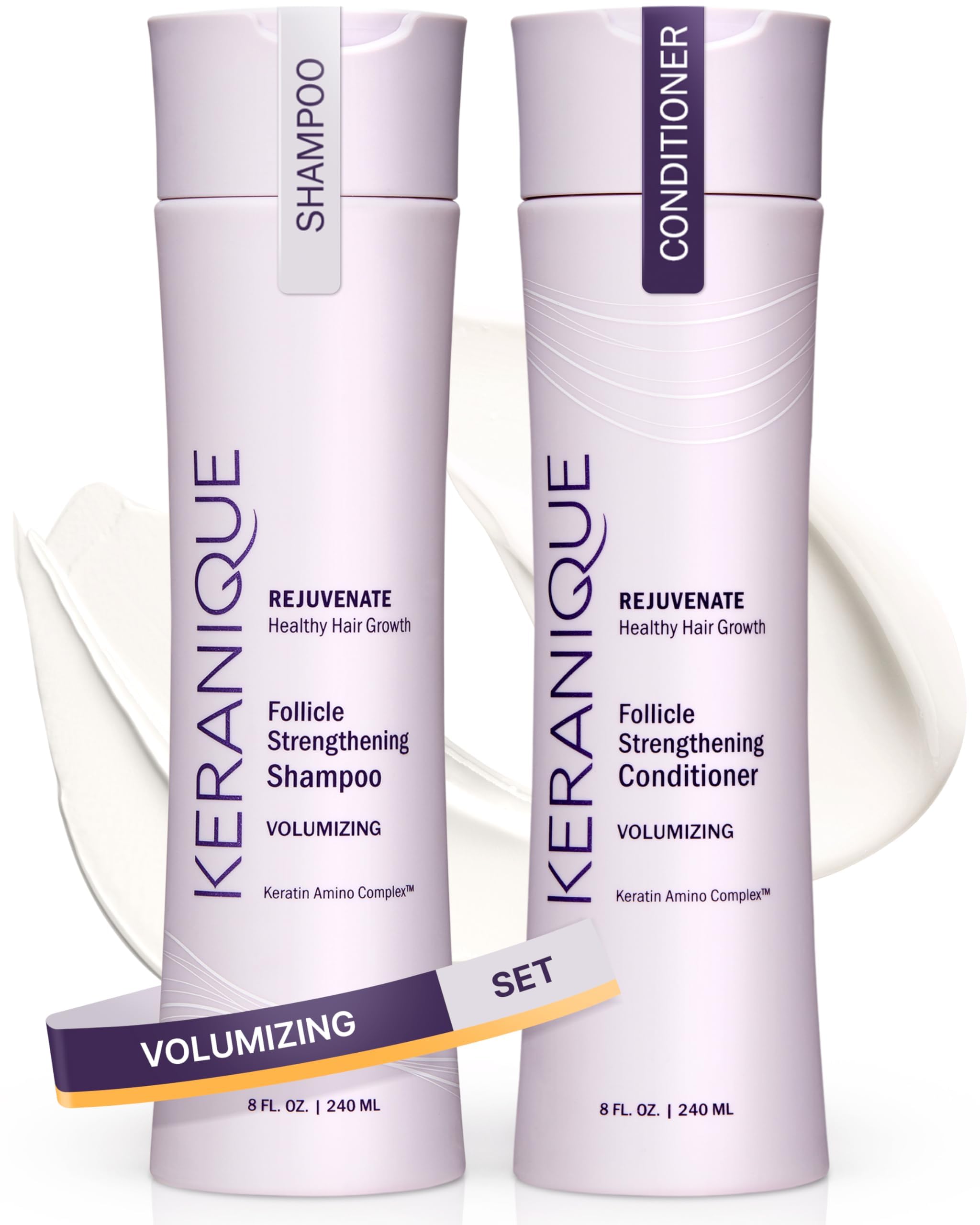 Keranique Volumizing Shampoo & Conditioner Set with Biotin & Keratin - Hair Repair & Growth Treatment for Women with Thinning Hair (8 Fl Oz Each) - Perfect for Daily Use & Revitalizing Thin, Damaged Hair