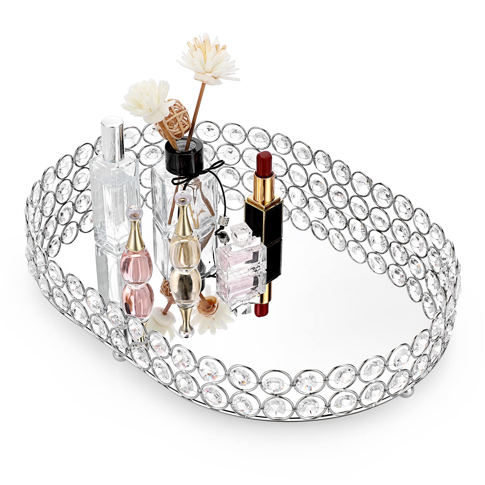 Hipiwe Large Crystal Vanity Tray - Mirrored Dresser Perfume & Makeup Organizer for Jewelry, Cosmetics & Skin Care Storage | Elegant Bathroom Countertop & Home Decor Accessory | Perfect for Bedroom, Dresser & Vanity Table Organization