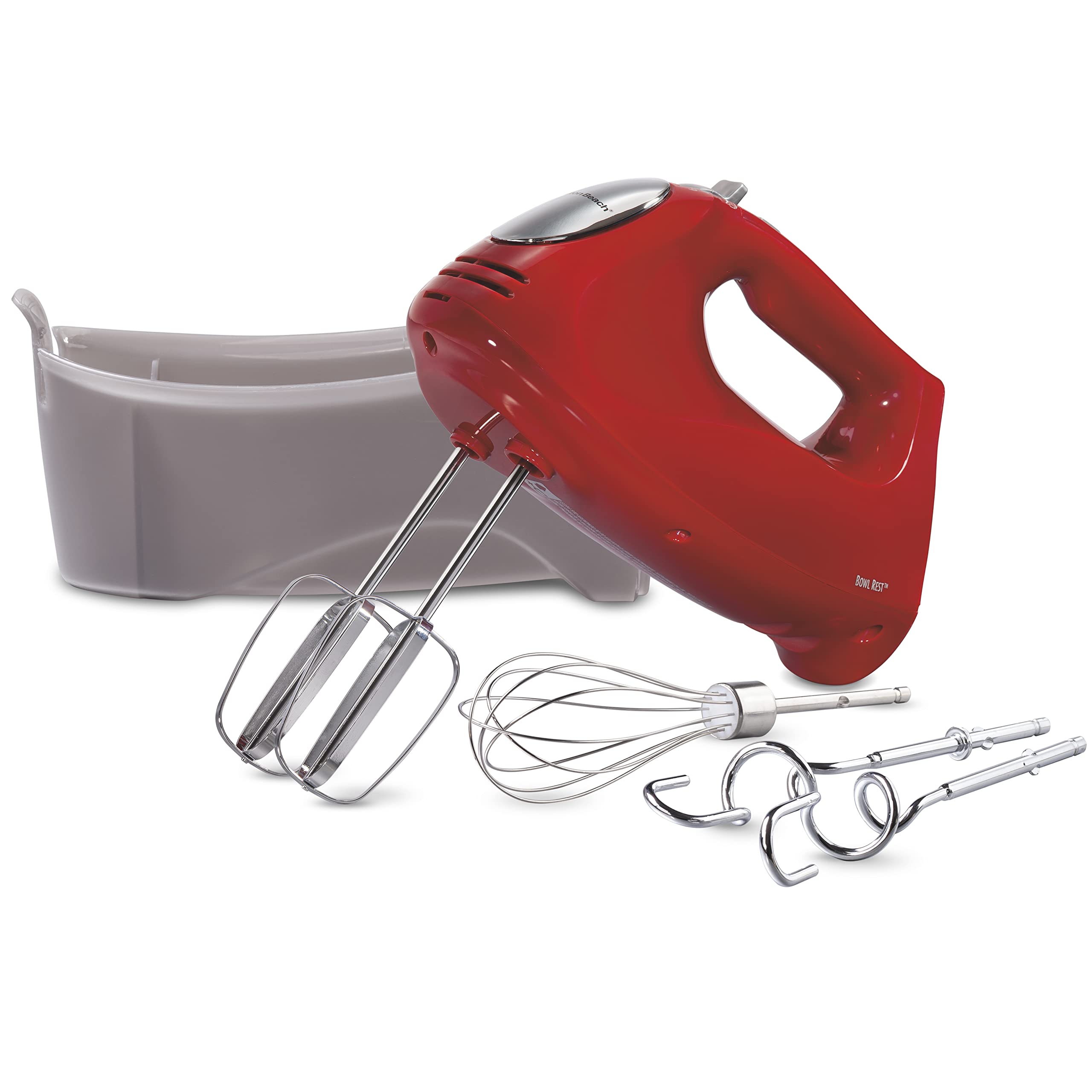 Hamilton Beach 6-Speed Electric Hand Mixer with Whisk, Beaters & Dough Hooks - 275W Powerful Mixing - Snap-On Storage Case - Red - Perfect for Baking Cakes, Cookies & Whipping Cream