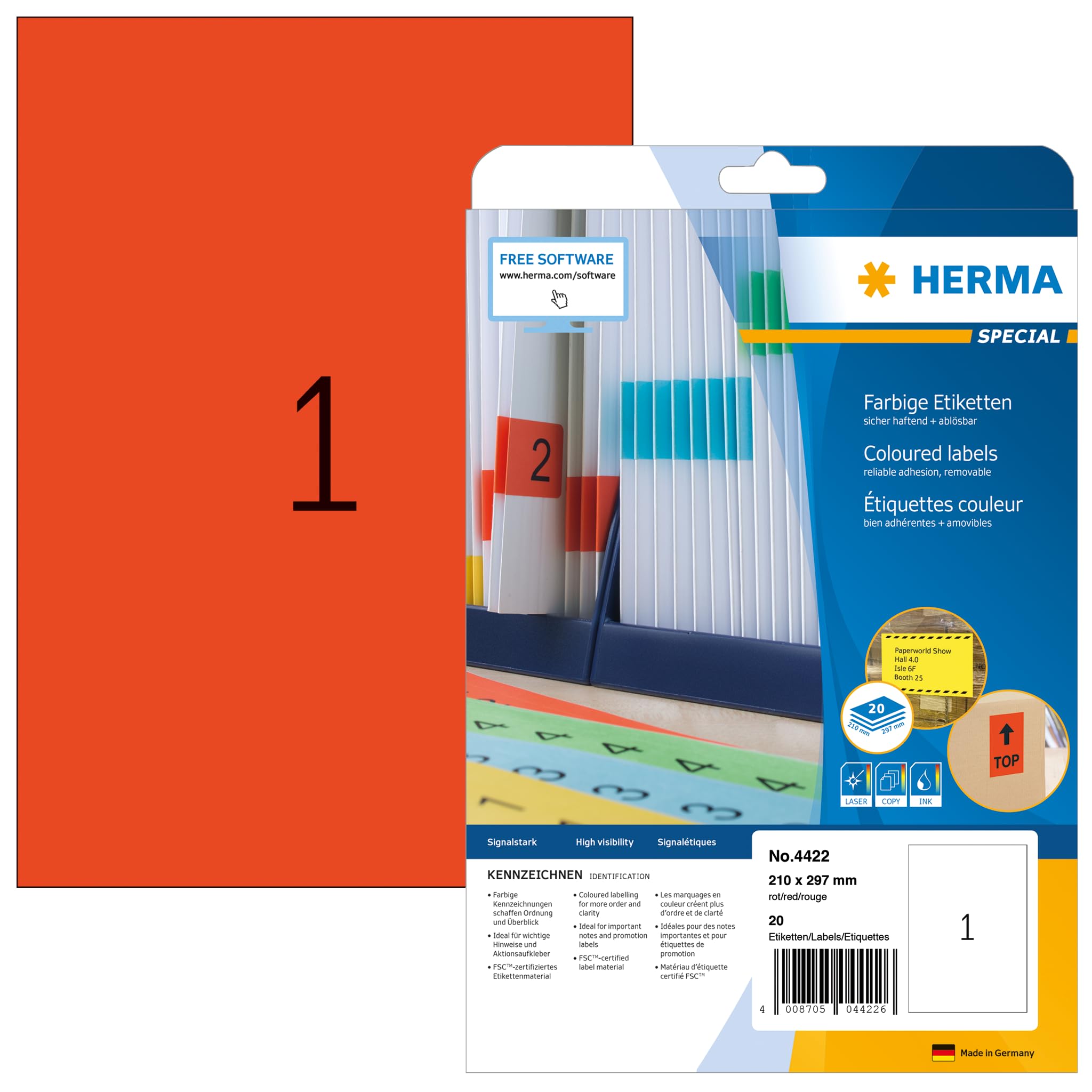 HERMA 4422 Self Adhesive Colored Labels - 20 Blank Removable Sticker Sheets (210x297mm) for Laser & Inkjet Printers - Perfect for Organizing, Mailing & Craft Projects - Red