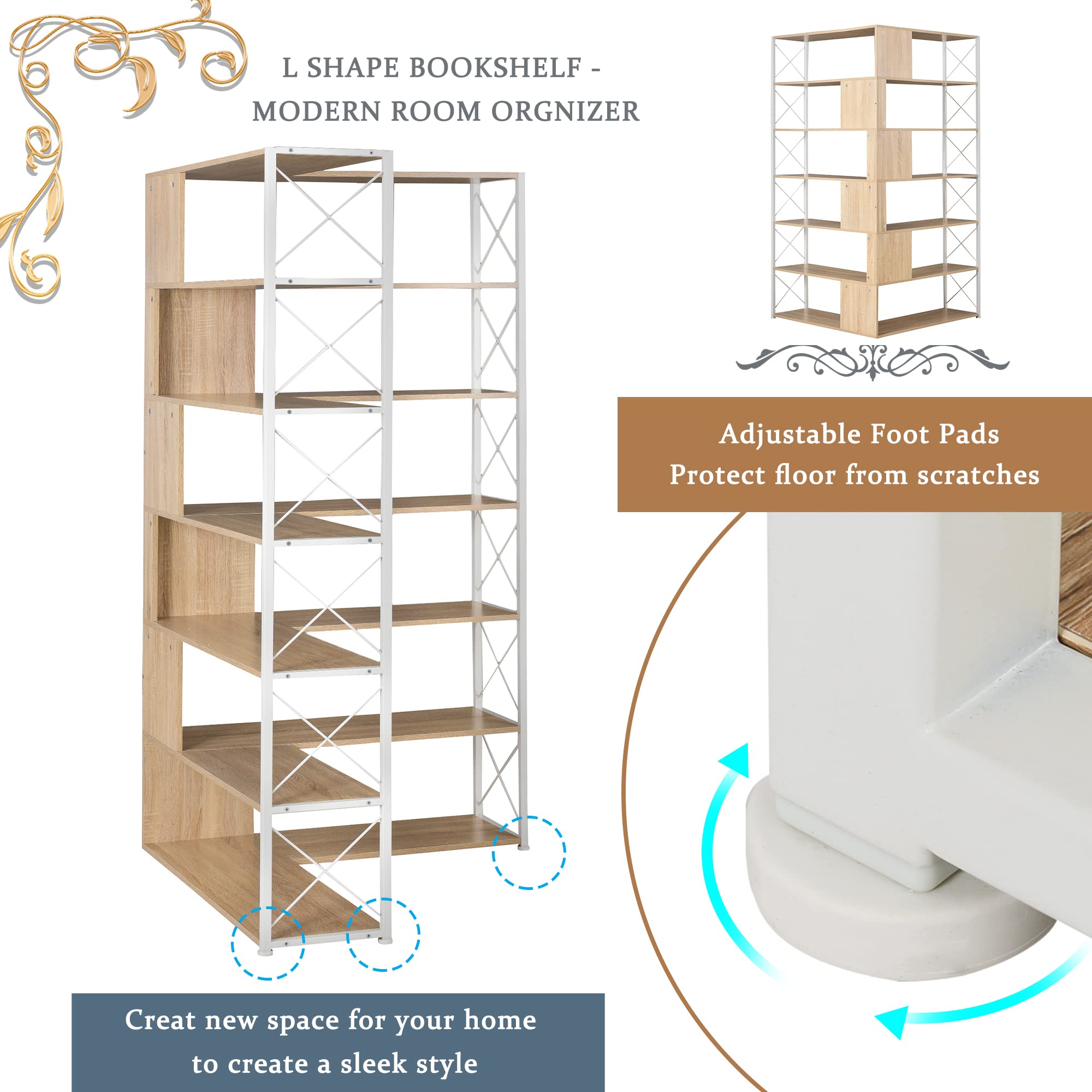 Merax 7-Tier L-Shaped Corner Bookcase - Industrial Style Metal Frame Bookshelf with Open Storage for Home Office (Oak, 70.9 Inches) - Perfect for Small Spaces, Living Room, Bedroom & Study Organization