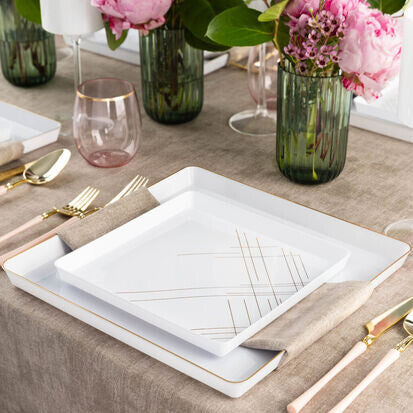 20-Pack White & Gold Geometric Square Plastic Dinnerware Set - 10 Guest Service - Modern Square Edge Plates, Bowls & Cups - Perfect for Parties, Weddings & Outdoor Dining