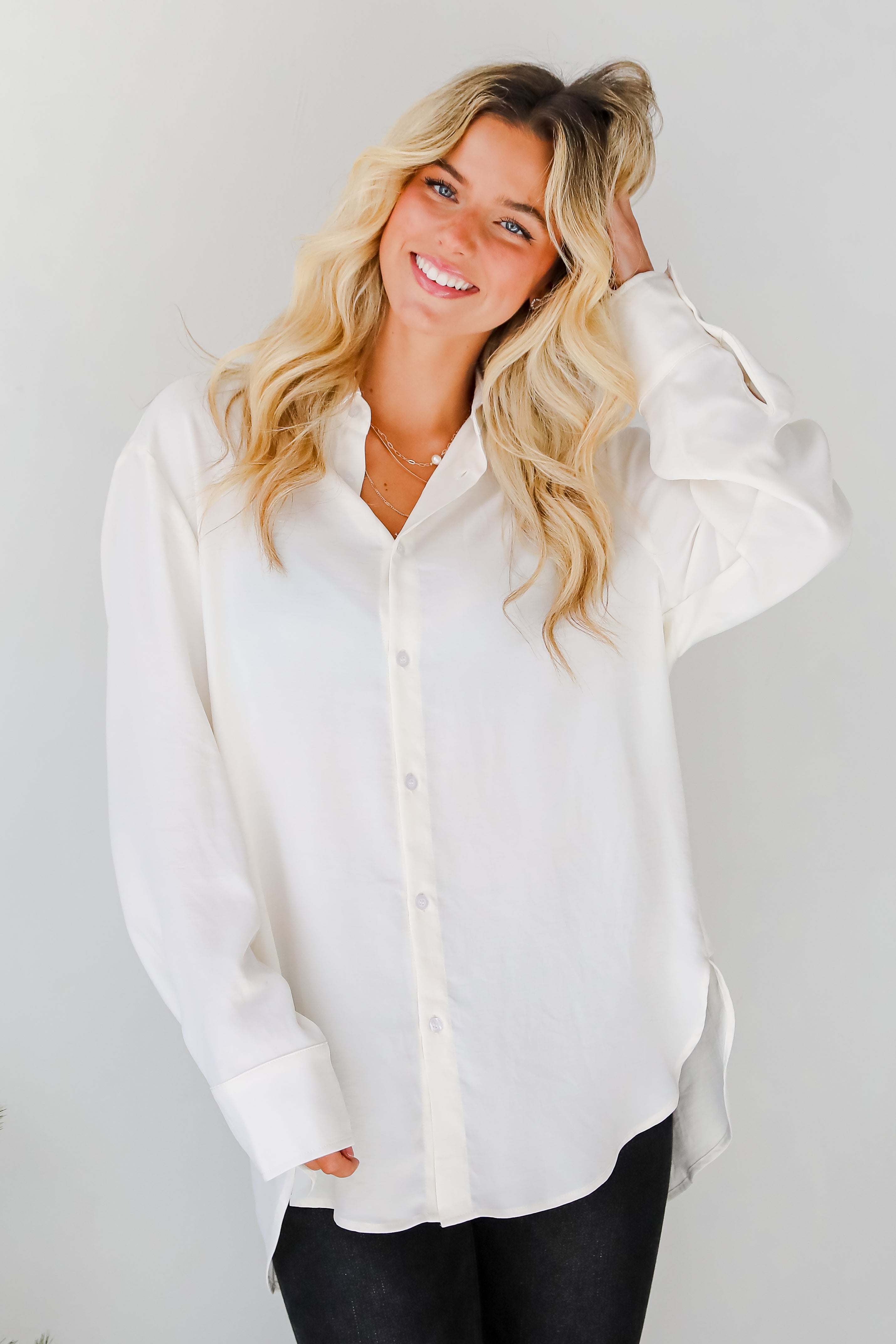 Elegant Sensation Cream Oversized Button Up Blouse for Women - Soft & Comfortable Long Sleeve Shirt - Perfect for Office, Casual Wear & Special Occasions
