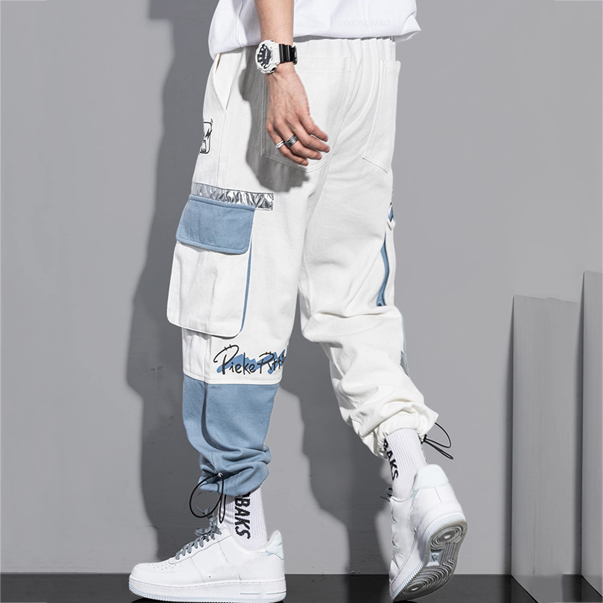 XYXIONGMAO Men's Techwear Overalls - Streetwear Cargo Jogger Pants for Hip Hop & Urban Fashion | White Tactical Sweatpants with Harem Style | Perfect for Casual Wear, Workout & Street Style Outfits