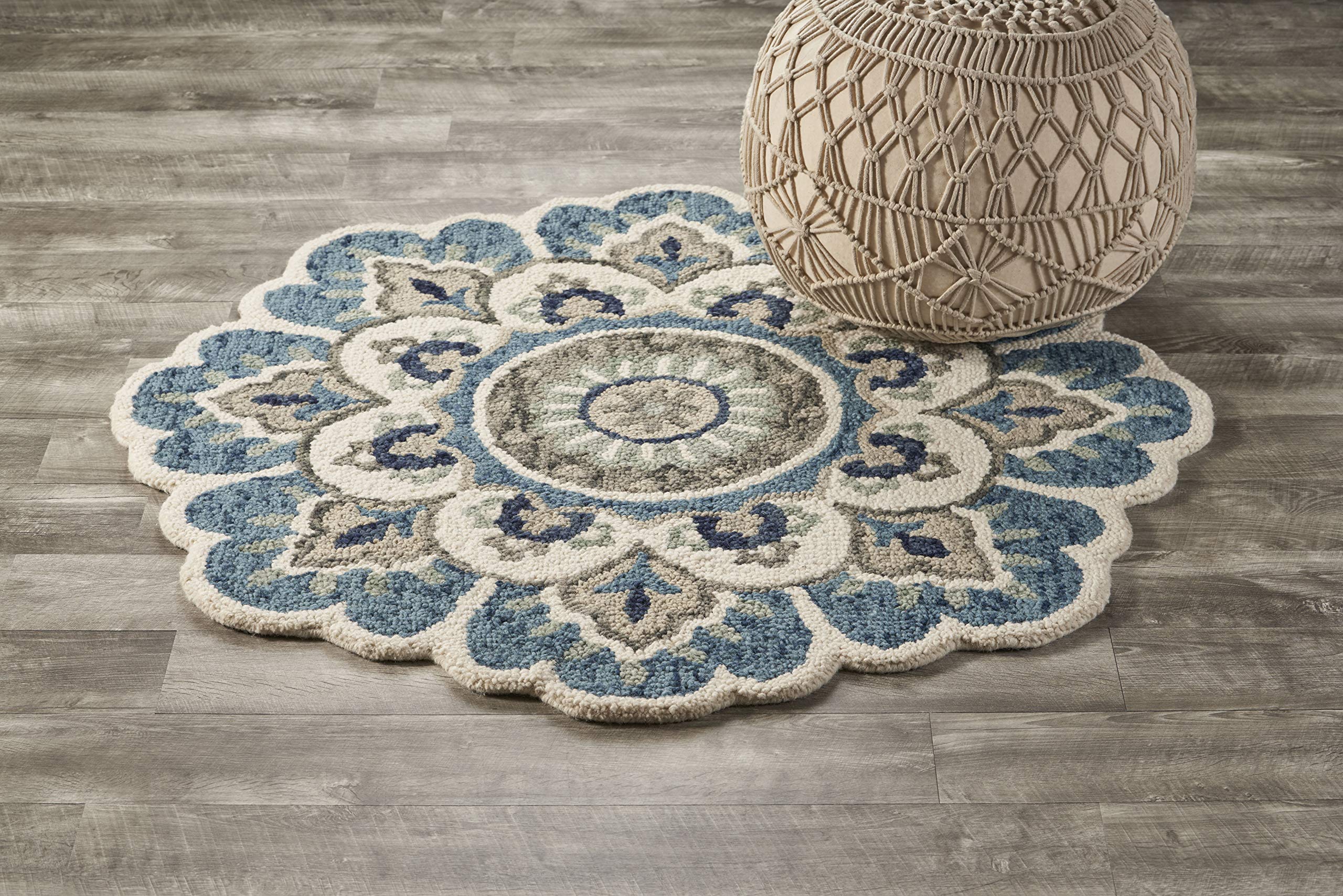 LR Home 6ft Round Indoor Wool Area Rug - Handwoven Modern Farmhouse Boho Rug for Living Room, Bedroom, Office Decor | Soft Ivory/Teal Accent Rug | Perfect for Cozy Home, Nursery & Entryway Floor Covering