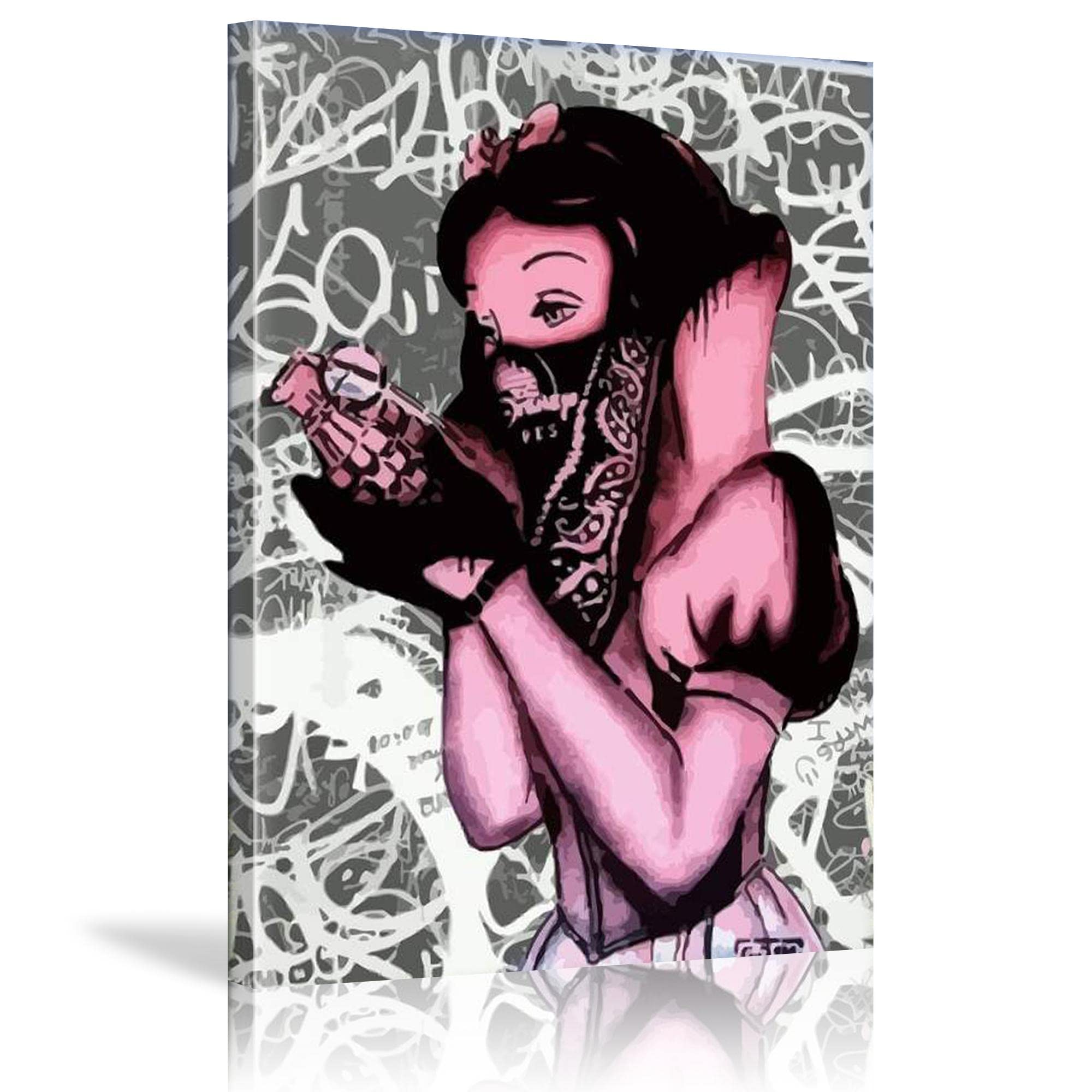 Banksy Graffiti Wall Art - Princess Pomegranate Canvas Painting Large Size (80x140cm/32×55 inch) Framed Ready to Hang, Modern Home Decor for Living Room, Bedroom & Office Wall Decoration | Urban Street Art Style