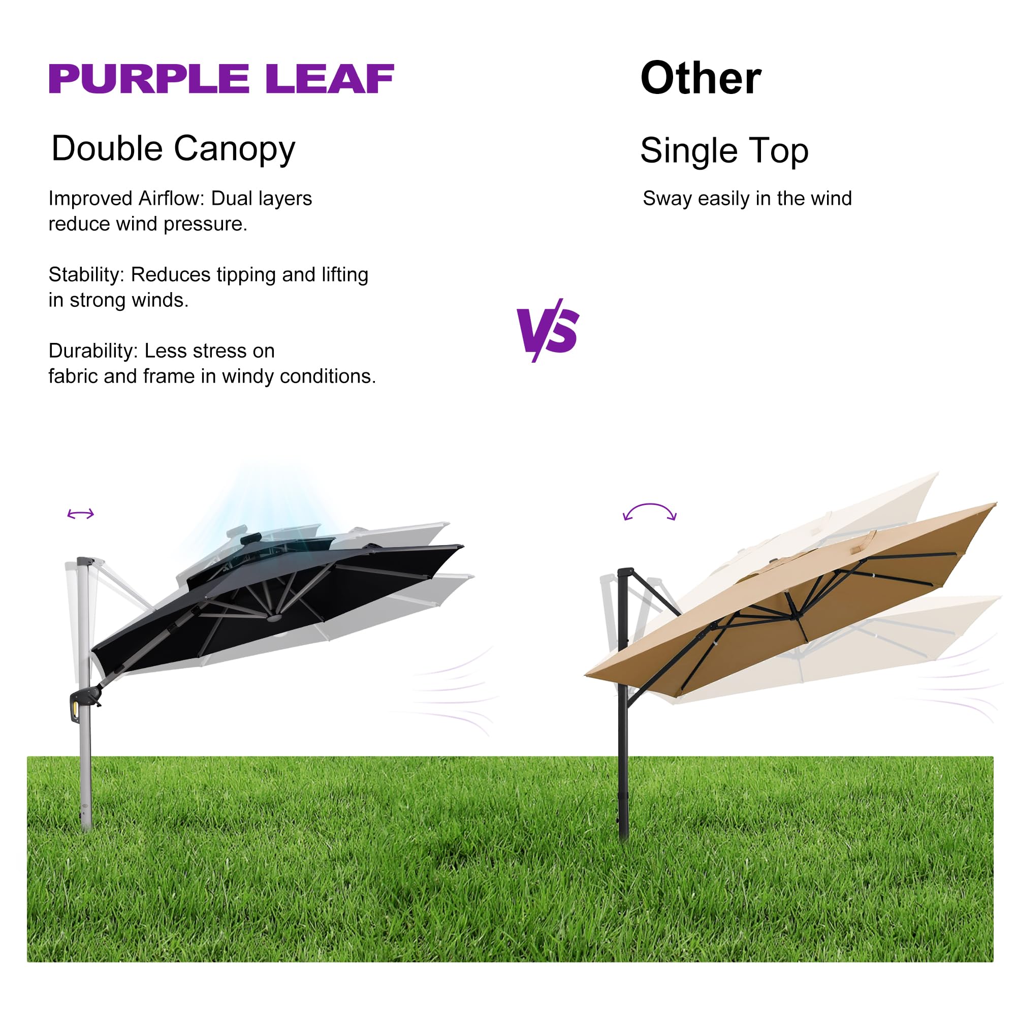 PURPLE LEAF 10ft Solar Powered LED Patio Umbrella - Large Windproof Cantilever Outdoor Umbrella with LED Lights for Garden, Deck, Pool - Heavy Duty Sun Shade for Outdoor Dining & Relaxation (Black)
