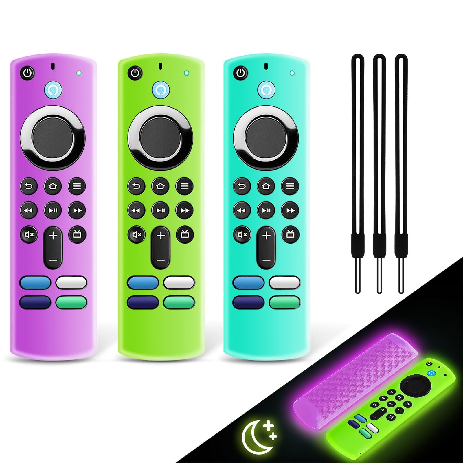 3 Pack Glow in The Dark Silicone Remote Cover Case - Anti Slip Protective Case with Lanyard (Glow Green, Glow Purple, Sky Blue) - Perfect for Nighttime TV Watching, Home Theater, and Living Room Organization