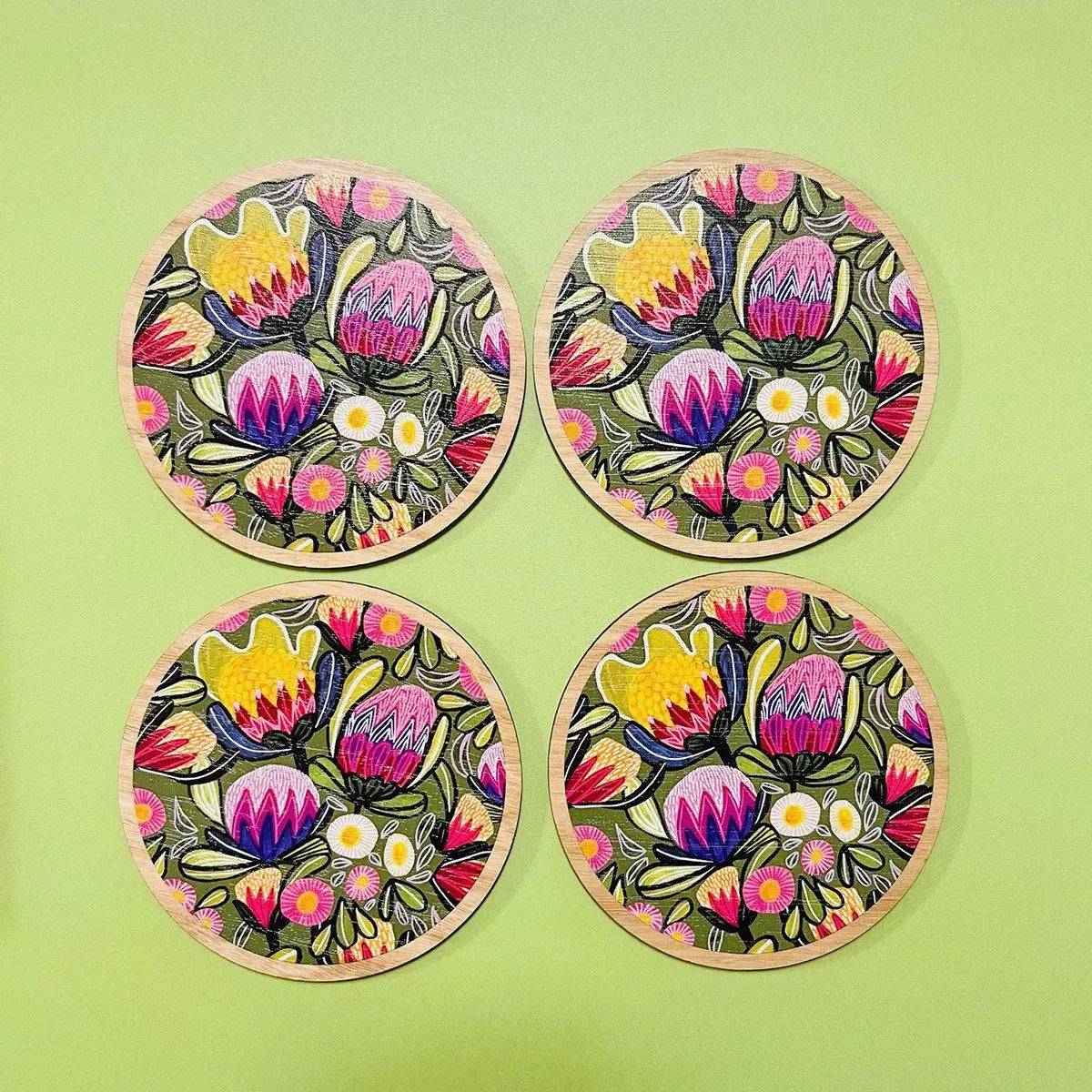 Premium Sugarbush Proteas Australian Wooden Coaster Set - 4-Piece Heat-Resistant Drink Coasters for Coffee, Wine & Home Decor - Perfect for Dining Table, Bar & Gift Giving
