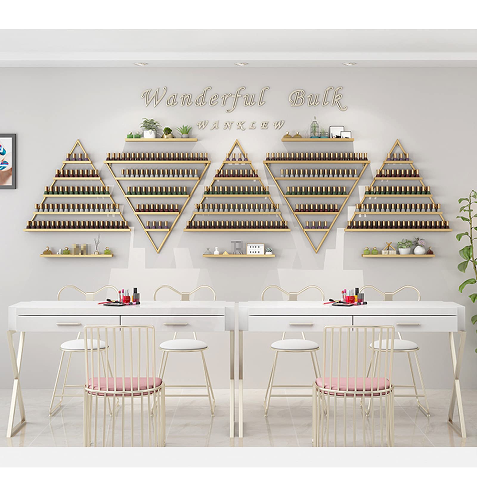 10-Piece Metal Nail Polish Organizer Set - 5-Tier Wall Mounted Display Rack Holds 550 Bottles, Gold Triangle Essential Oil & Nail Polish Storage Shelf for Salon, Spa & Home Decor