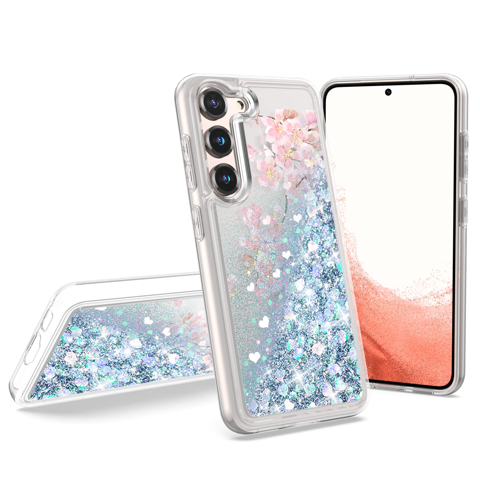 Samsung Galaxy S23 Case - Sparkle Glitter Shockproof Clear Cover with Floating Sakura Quicksand Design | Cute Bling Phone Case for Women & Girls | Perfect for Everyday Use, Parties & Gift Giving (Silver)
