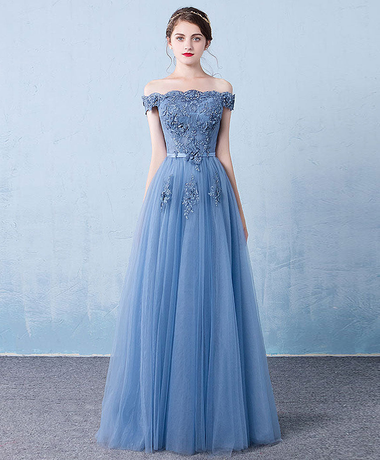 Elegant Blue Tulle Lace Off-Shoulder Long Prom Dress with Beading - Perfect for Bridesmaid, Formal Evening Gowns & Special Occasions