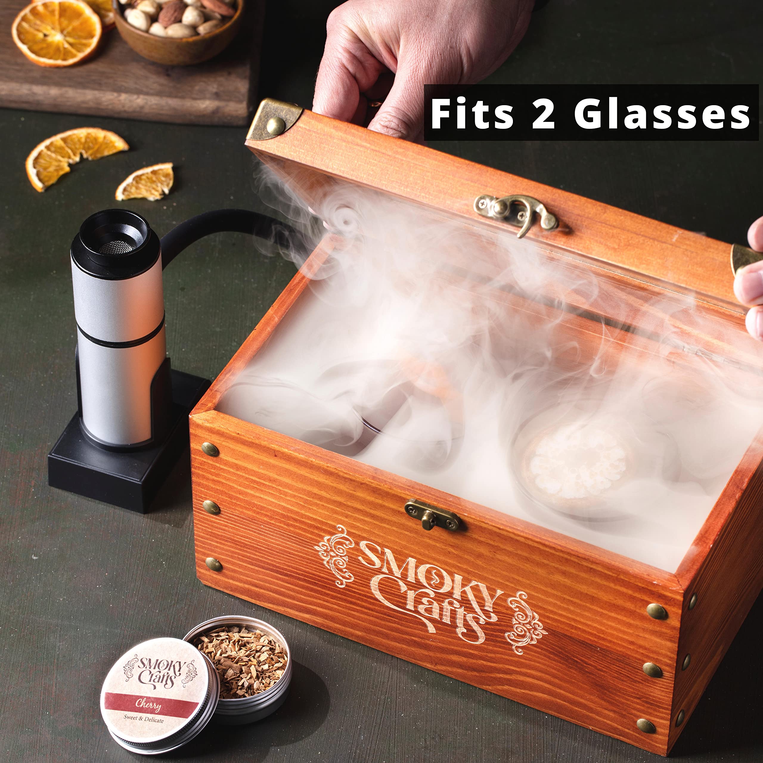 Premium Whiskey Smoker Kit - Old Fashioned Cocktail & Food Smoker with Smoking Gun, Wood Chips (Apple & Cherry), Food Tray - Perfect for Bourbon Lovers, Home Bars & Gourmet Cooking - No Torch Required