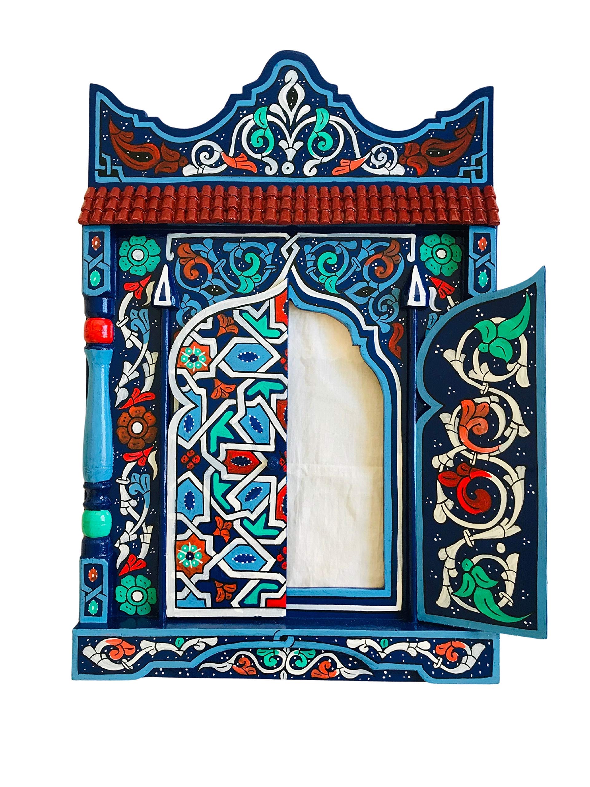 Hand-Painted Moroccan Wooden Shelf & Rustic Red Hanging Mirror Frame - Farmhouse Wall Art Decor for Living Room, Bedroom & Entryway (Blue)