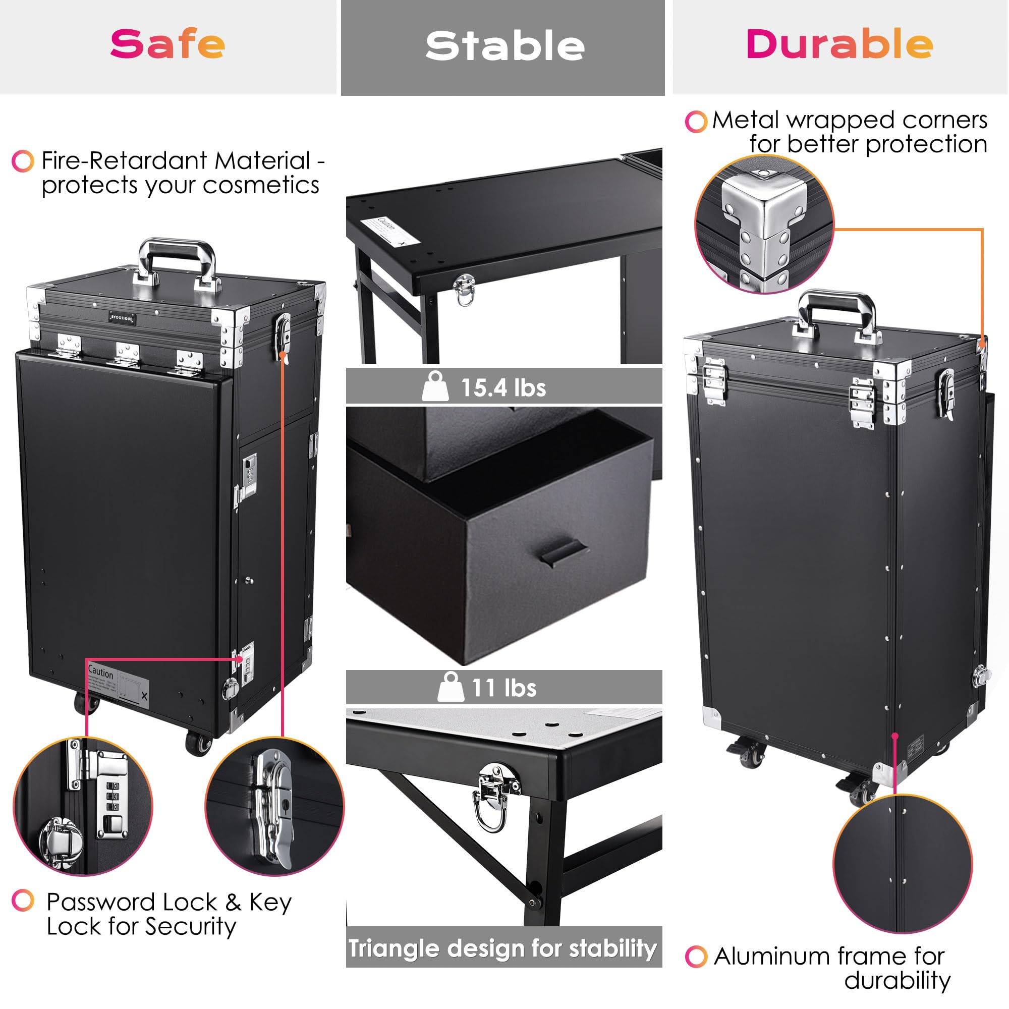 BYOOTIQUE Portable Rolling Manicure Table with 4 Drawers & Mirror - Foldable Nail Salon Station, Makeup Train Case & Tattoo Workstation for Professional Beauty Services, Home Salon & Travel Use - Black