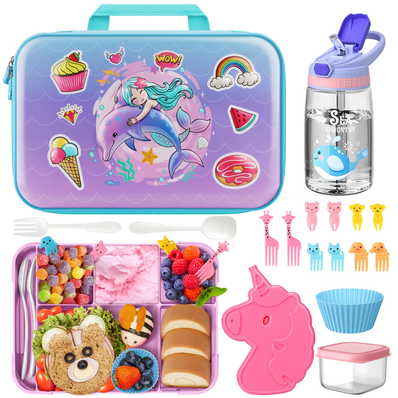 Insulated Lunch Bag Bento Box Set for Girls - 5 Compartment Bento Box with Water Bottle, Ice Pack & Silicone Cap | Perfect for School Lunches, Picnics, Travel & Outdoor Activities
