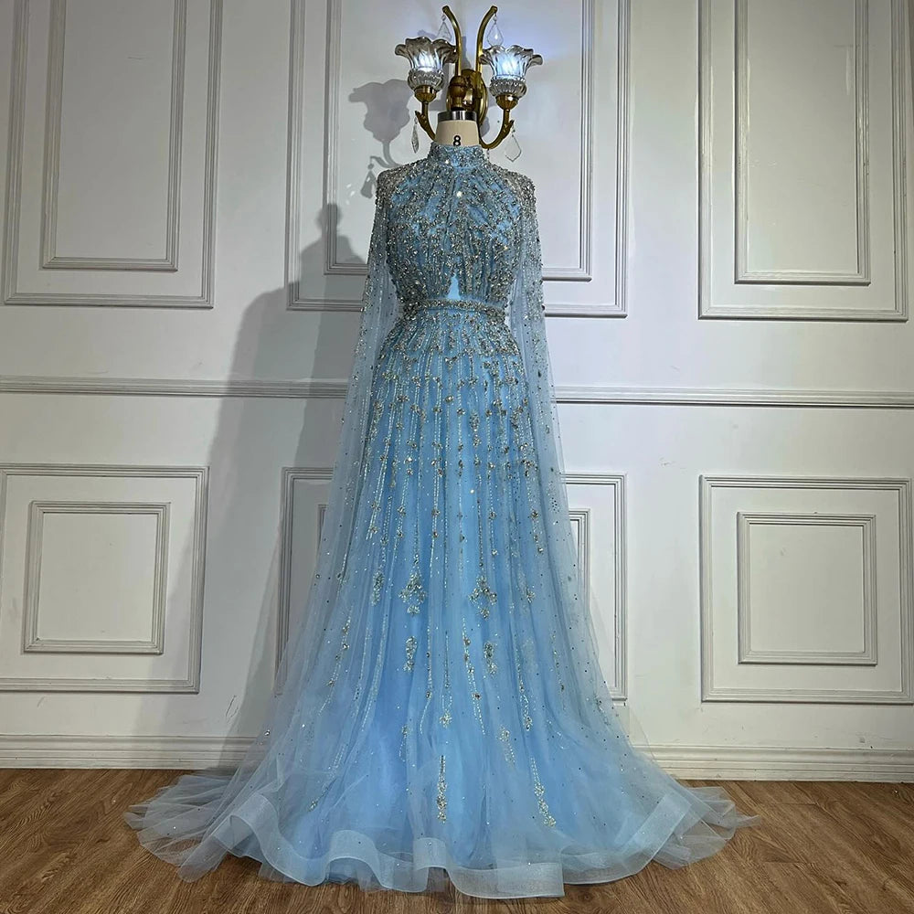 Elegant Blue Beaded A-Line Evening Gown with Cape Sleeves - LA71803G | Formal Party Dress for Prom, Wedding & Black Tie Events