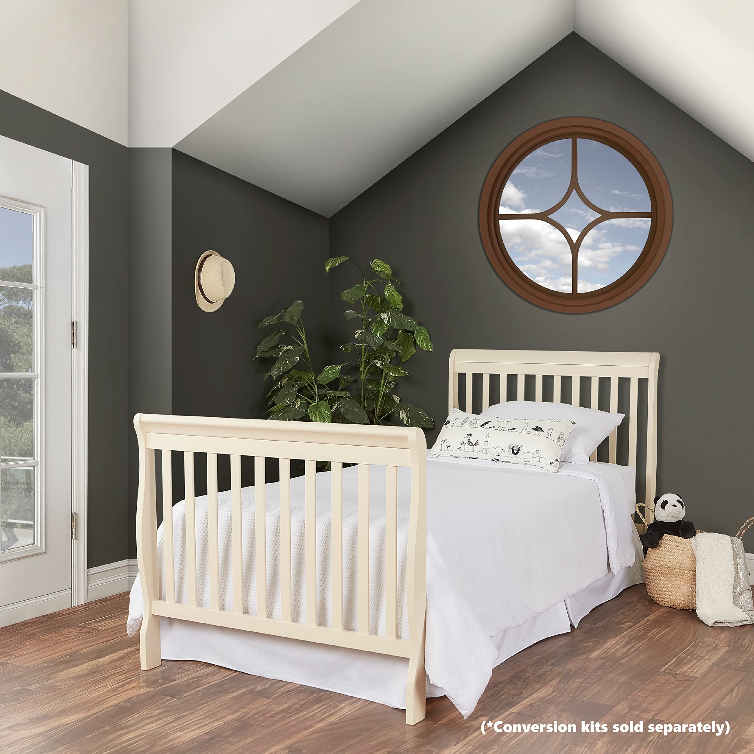 Dream On Me Aden 4-in-1 Convertible Mini Crib - French White | Greenguard Gold Certified | Non-Toxic New Zealand Pinewood | 3 Adjustable Mattress Heights | Perfect for Nursery, Small Spaces & Travel