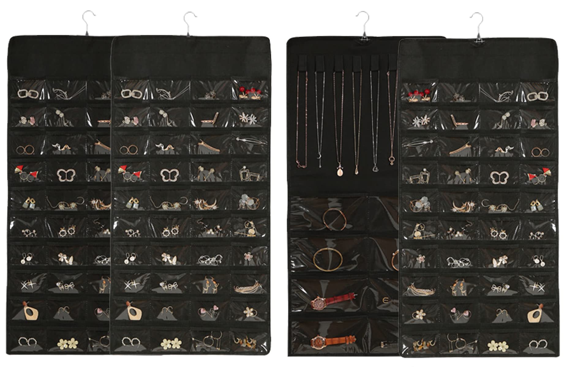 AARAINBOW 2-Pack Hanging Jewelry Organizer with Pockets & Magic Tape - Dual-Sided Closet Storage for Earrings, Necklaces, Rings - Space-Saving Wall, Door, Closet Organizer (Black) - Perfect for Bedroom, Bathroom & Travel Accessory Storage