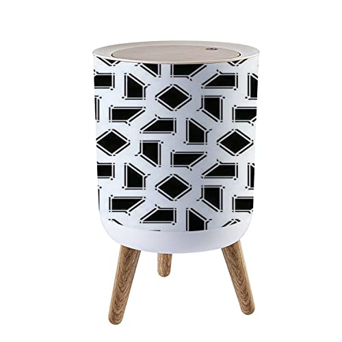 OJNR36WKPD Small Trash Can with Lid - 7L/1.8 Gallon Seamless Monochrome Geometric Design Waste Bin with Wood Legs & Press Cover - Perfect for Kitchen, Bathroom, Office, Bedroom & Dorm - Odor-Containing Garbage Bin for Home & Office Spaces