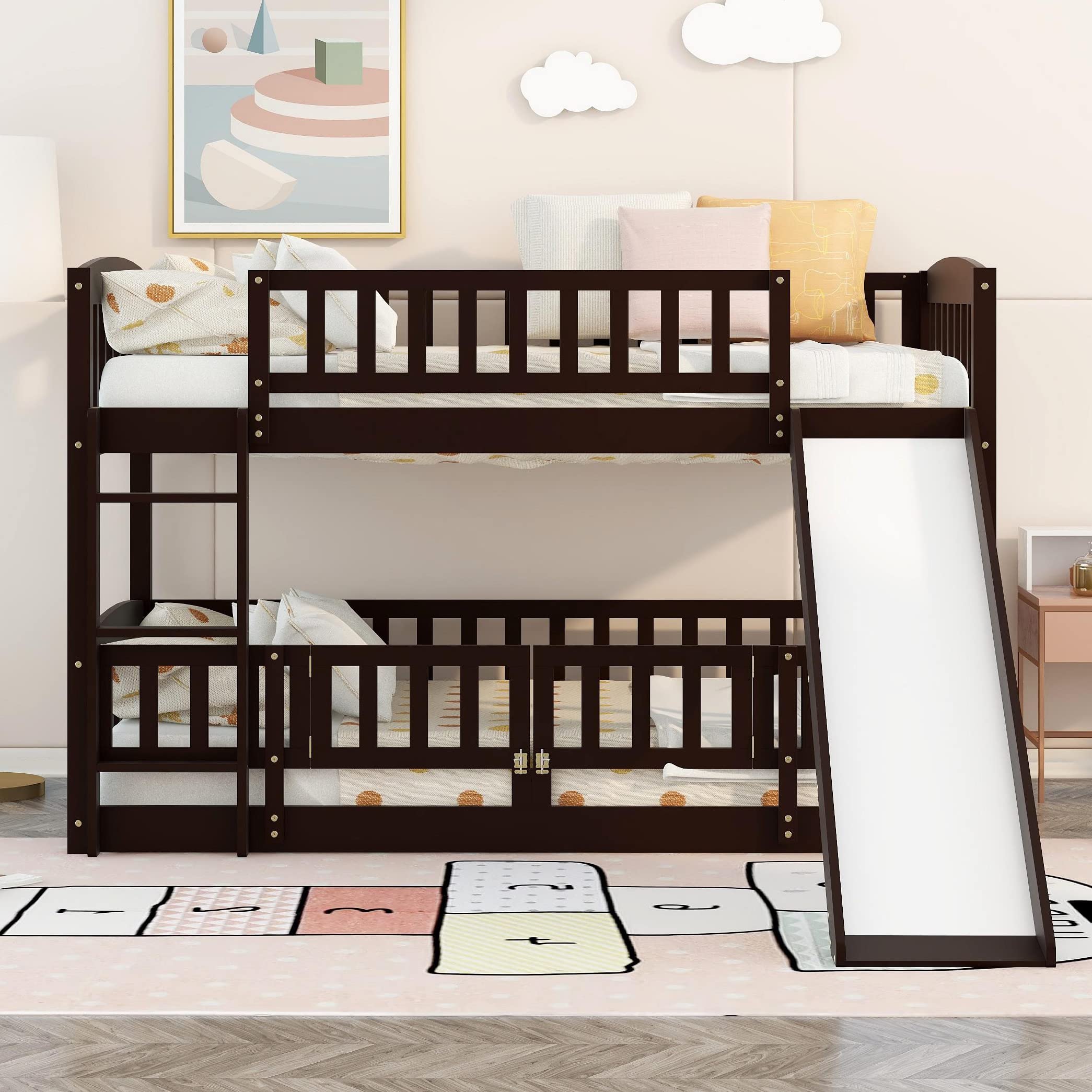 SOFTSEA Twin Over Twin Bunk Bed with Convertible Slide & Ladder - Kids Wood Bunk Bed Frame with Safety Guardrails, Low Profile Floor Bunk Bed with Fence & Door in Espresso - Perfect for Small Bedrooms, Kids' Rooms & Sleepovers