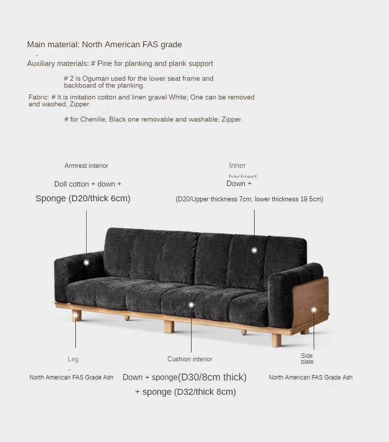 Modern Solid Wood Down Straight Sofa - Black Walnut & Ash Wood Frame - Perfect for Living Room, Lounge, or Office Comfort