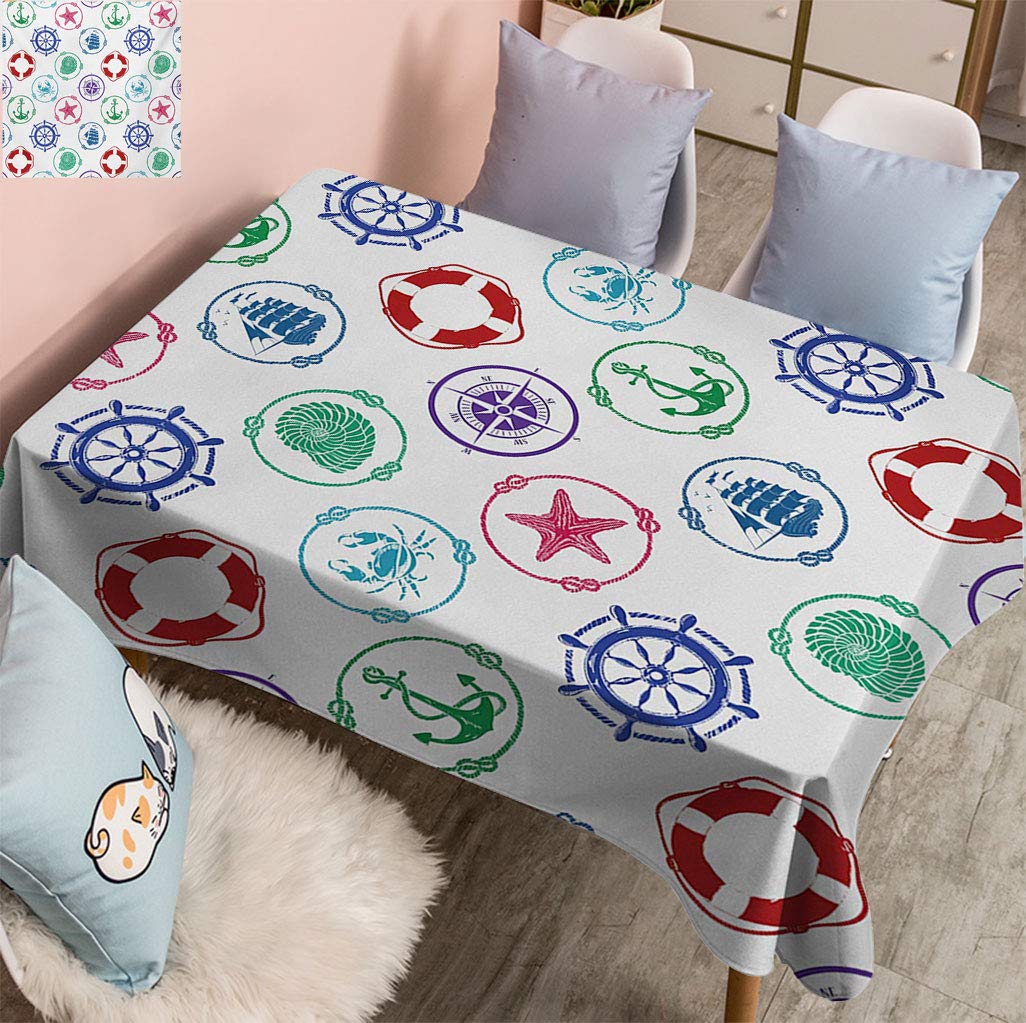 Fogoodecor Nautical Printed Rectangle Tablecloth - Marine Theme with Anchor, Wheel, Compass, Lifebuoy, Starfish & Crab Design - 60x84 Inch Waterproof Table Cover for Dining Room, Kitchen, or Outdoor Party Decor (Green & Red)