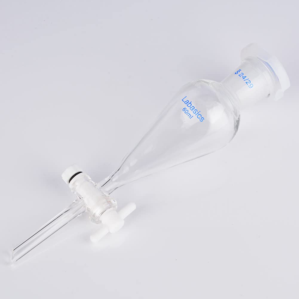 Labasics 60ml Heavy Wall Borosilicate Glass Conical Separatory Funnel with 24/29 Joints & PTFE Stopcock - Ideal for Chemical Separation, Liquid Extraction & Laboratory Experiments