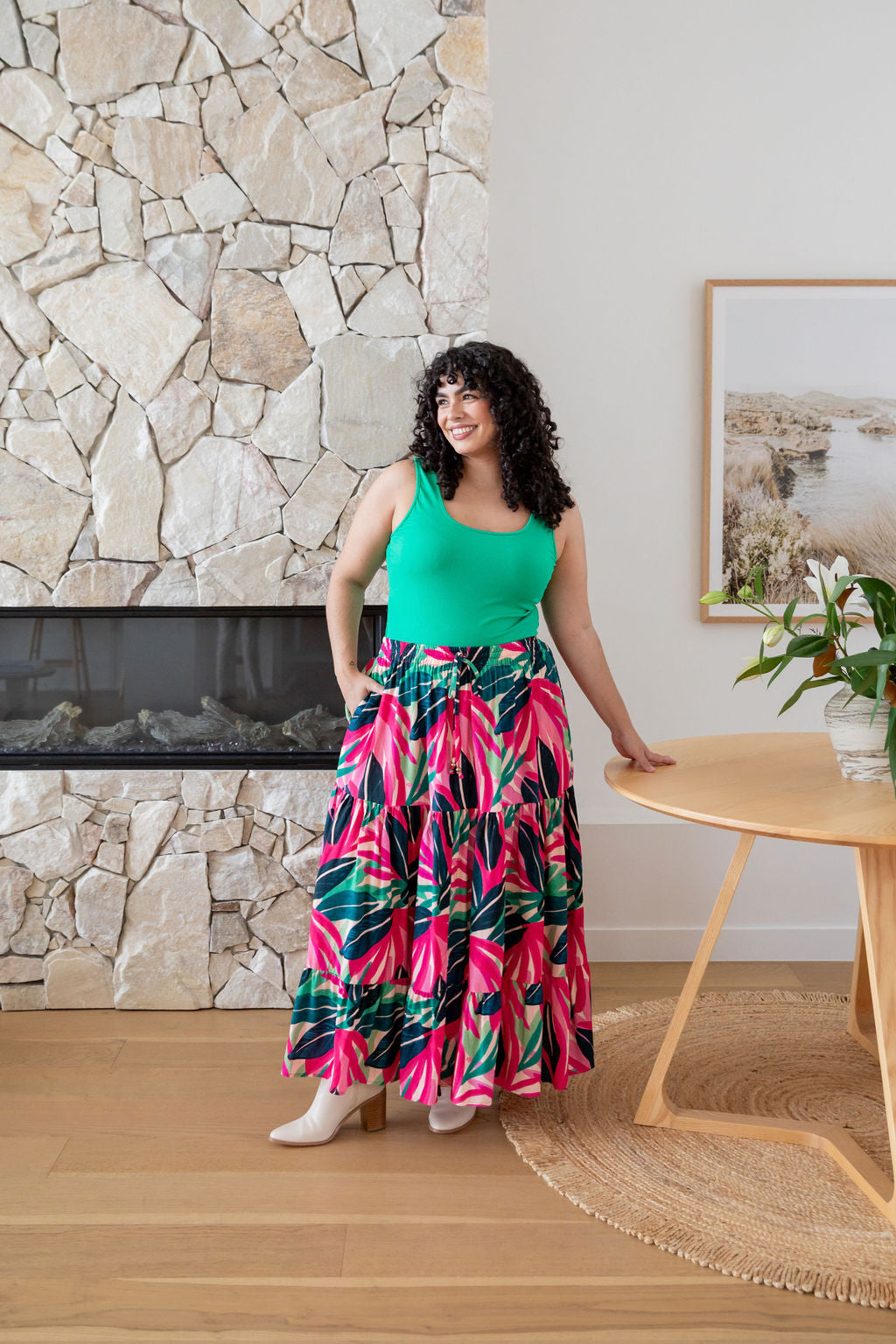 Carrie Skirt in Jungle Pink - Women's Floral A-Line Midi Skirt with Pockets | Perfect for Spring Outfits, Office Wear & Casual Dates