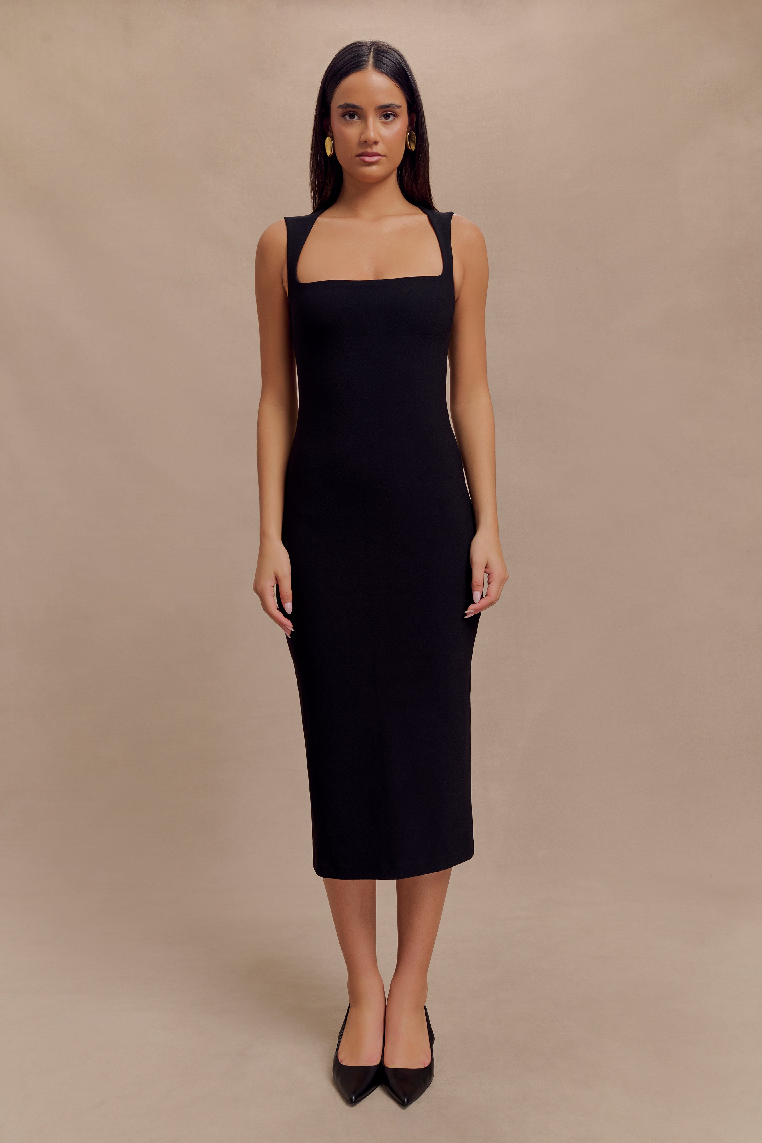 Frida Crepe Midi Dress - Elegant Black Flowy Dress for Women | Perfect for Cocktail Parties, Date Nights & Summer Weddings