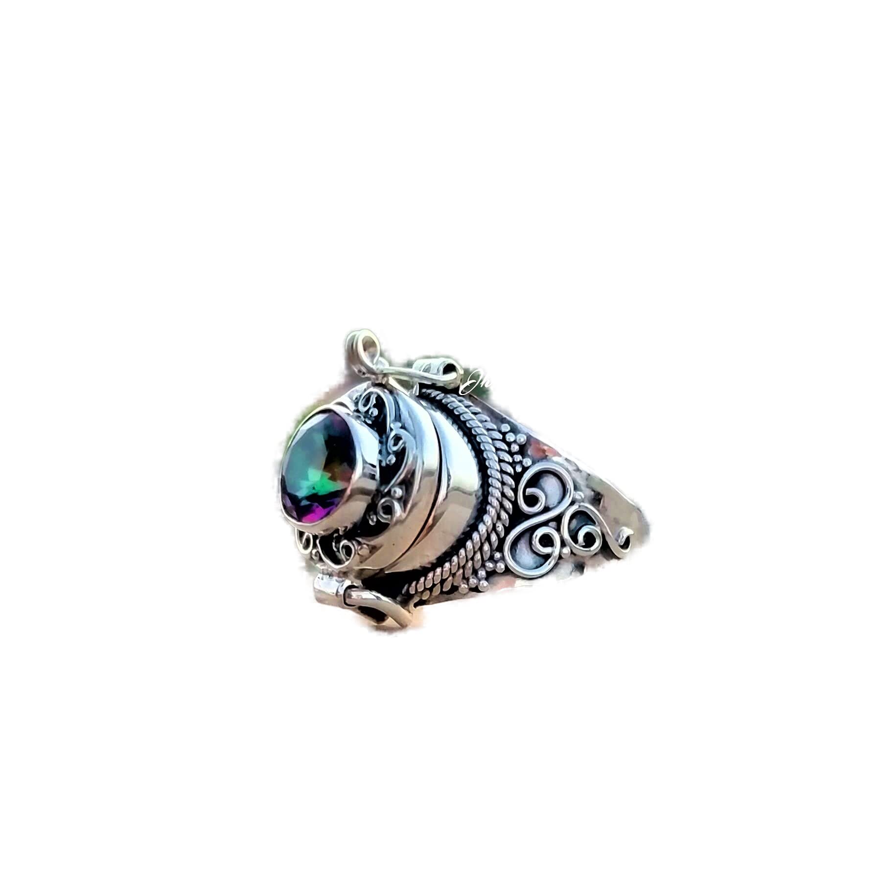Handmade 925 Sterling Silver Mystic Topaz Poison Ring - Secret Box Ring with Openable Compartment, Rainbow Moonstone Jewelry for Gothic Fashion & Medieval Cosplay
