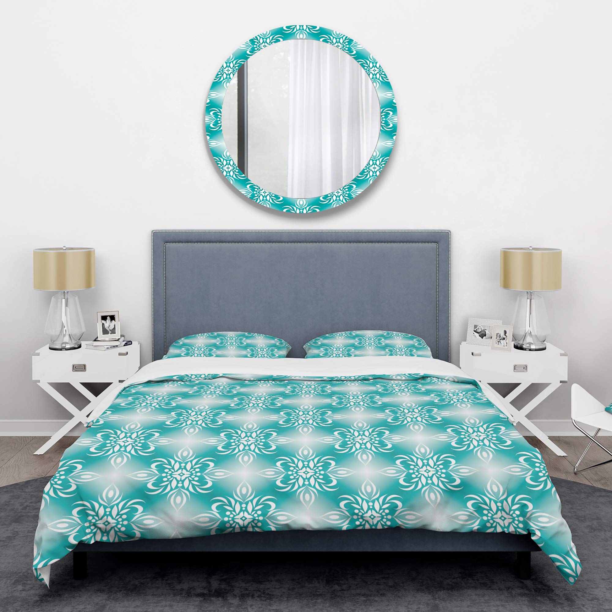 Vintage Turquoise Mid-Century Modern Duvet Cover Set - Queen Size 3-Piece Bedding (Duvet Cover + 2 Pillow Shams) - All Season Bohemian Style Blue Bedding for Master Bedroom & Guest Room Decor