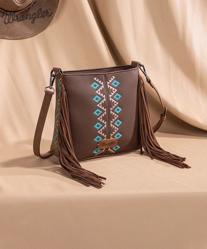 Wrangler Aztec Embroidered Fringe Crossbody Bag for Women - Boho Chic Handbag Perfect for Music Festivals & Everyday Use