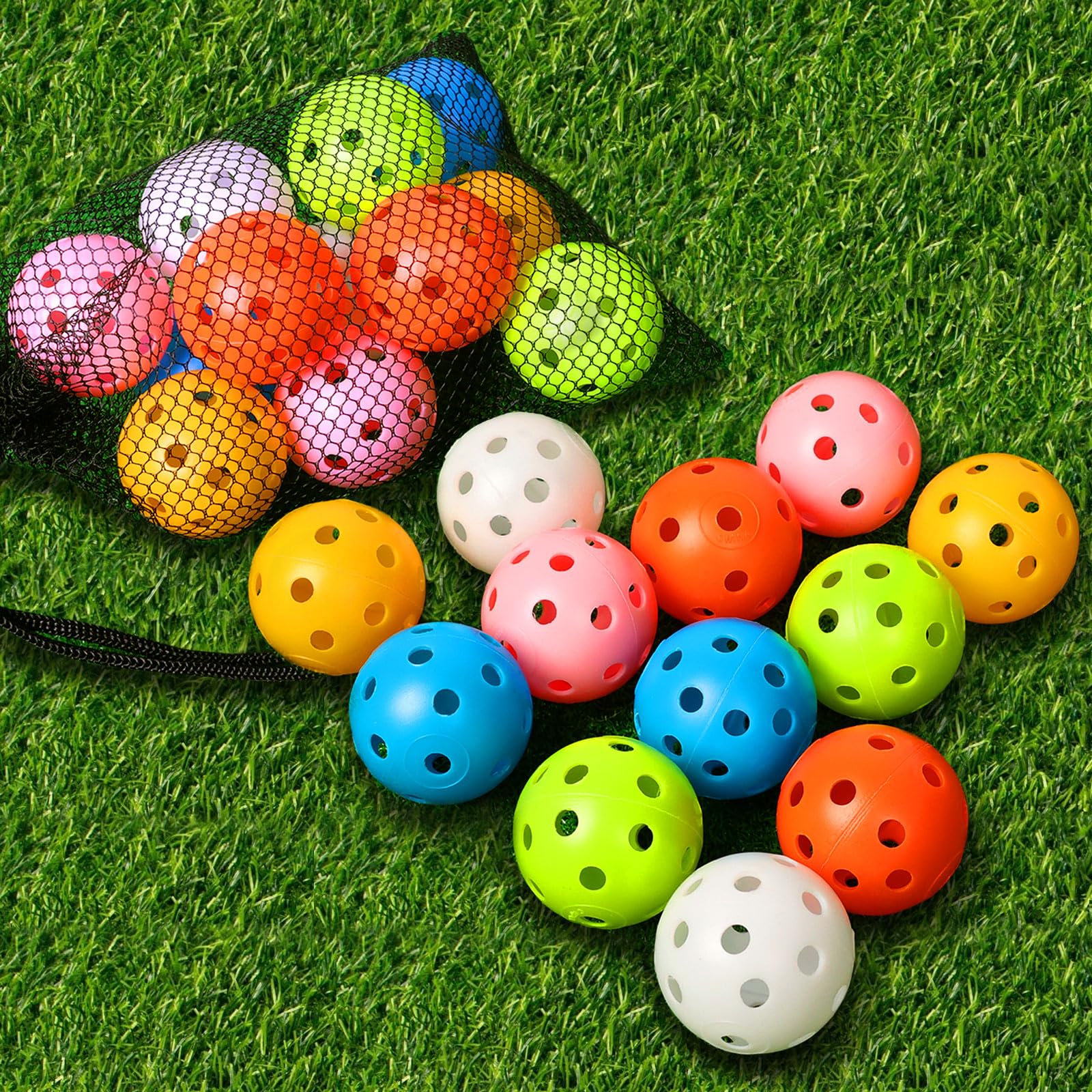 THIODOON 40mm Practice Golf Balls - Limited Flight Hollow Plastic Training Balls for Swing Practice | Indoor/Outdoor Driving Range, Backyard & Home Use | Colorful Airflow Golf Balls for Beginners & Pros