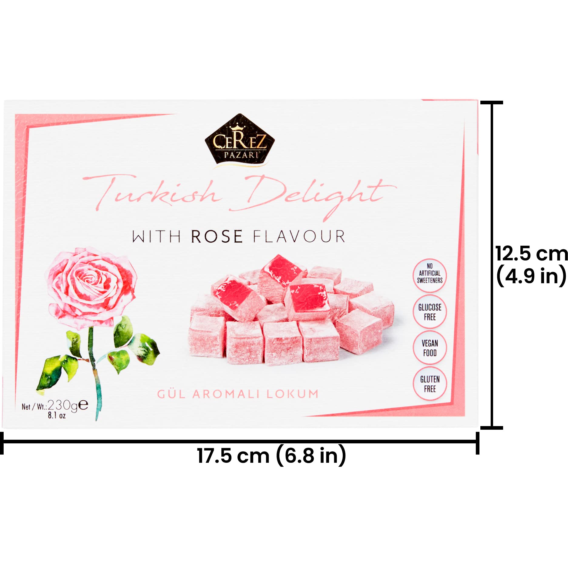 Premium Turkish Delight with Rose Flavor - 230g Gourmet Vegan Candy Gift Box | Traditional Soft Dessert (40 Pieces) | Nut-Free Snacks for Parties, Gifting & Special Occasions