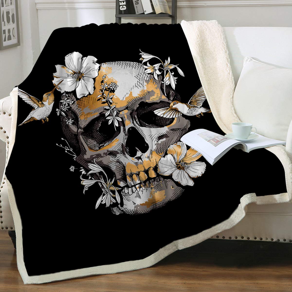 Sleepwish Skull Print Sherpa Lined Fleece Blanket - Exotic Tropical Hibiscus & Hummingbird Design - Ultra Soft Plush Gothic Throw - Queen Size 90x90 Inches - Perfect for Bed, Sofa, and Cozy Winter Nights