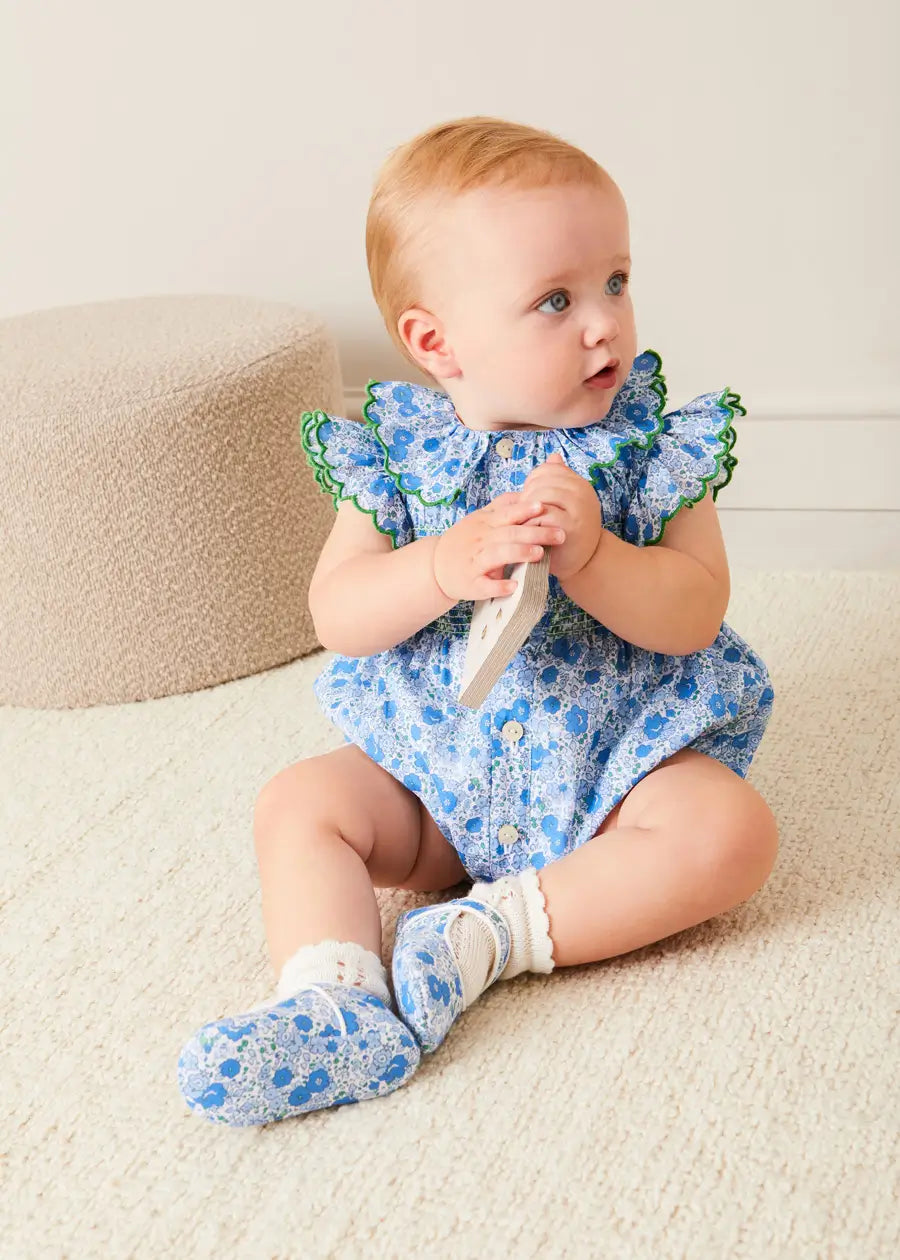 Olivia Floral Smocked Ruffle Collar Sleeveless Romper for Baby Girls - Blue (6 Months to 2 Years) | Perfect for Summer Outfits, Photoshoots & Special Occasions