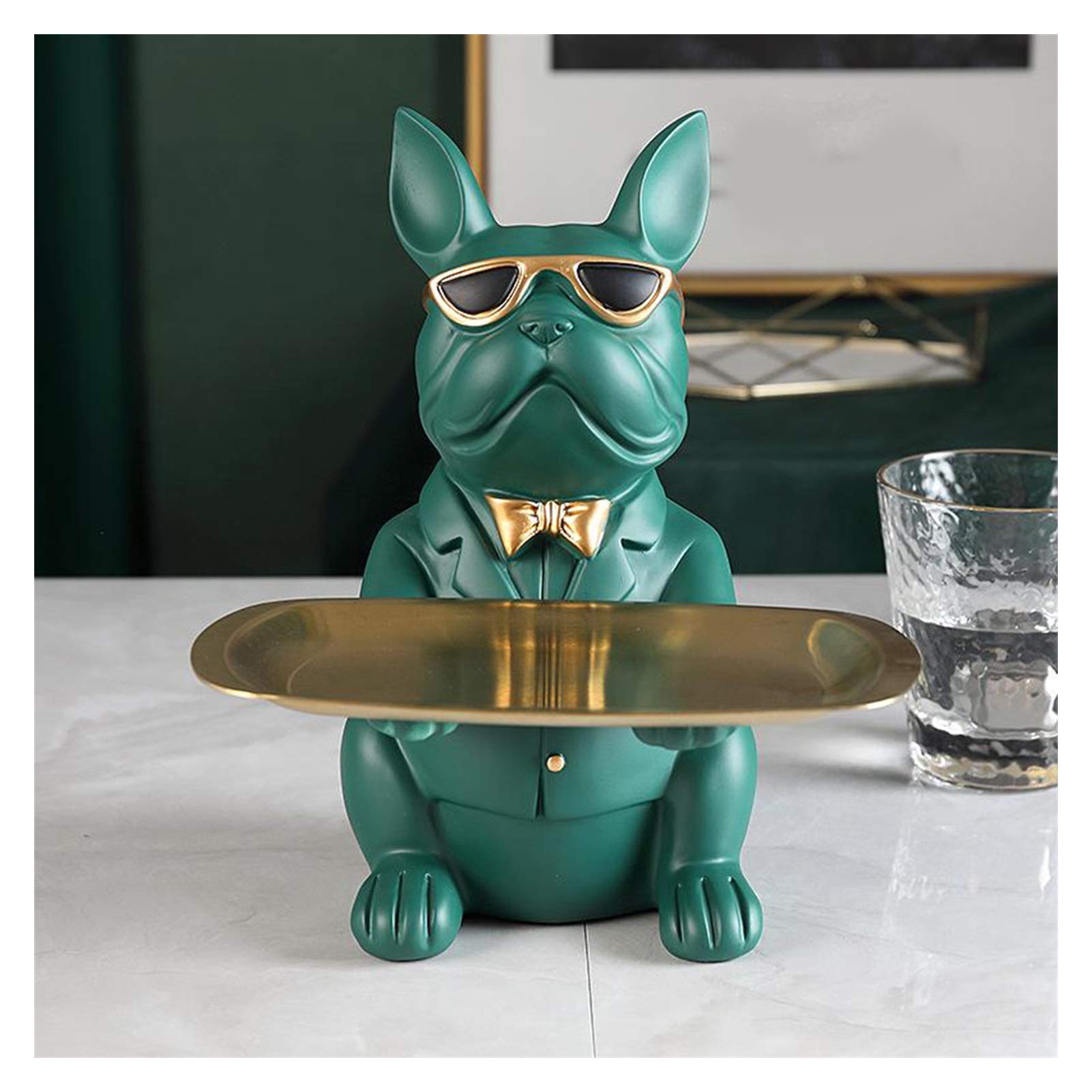 FEANG Resin Bulldog Statue Storage Tray - Green Home Decor Sculpture for Animal Lovers | Unique Figurine Collection & Desk Organizer | Perfect for Living Room, Office Decor & Gift Giving