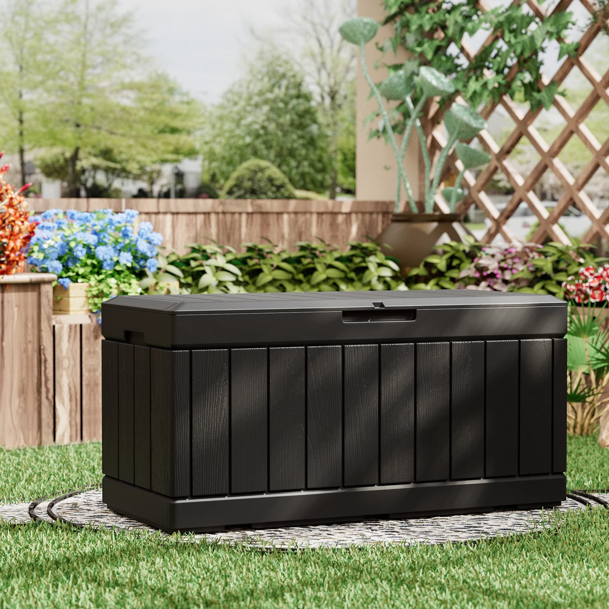 Greesum 82 Gallon Resin Deck Box with Lock - Waterproof Outdoor Storage Container for Patio Furniture, Garden Tools, Cushions, Pool Accessories | Durable Black Deck Box for Backyard, Garden & Poolside Organization