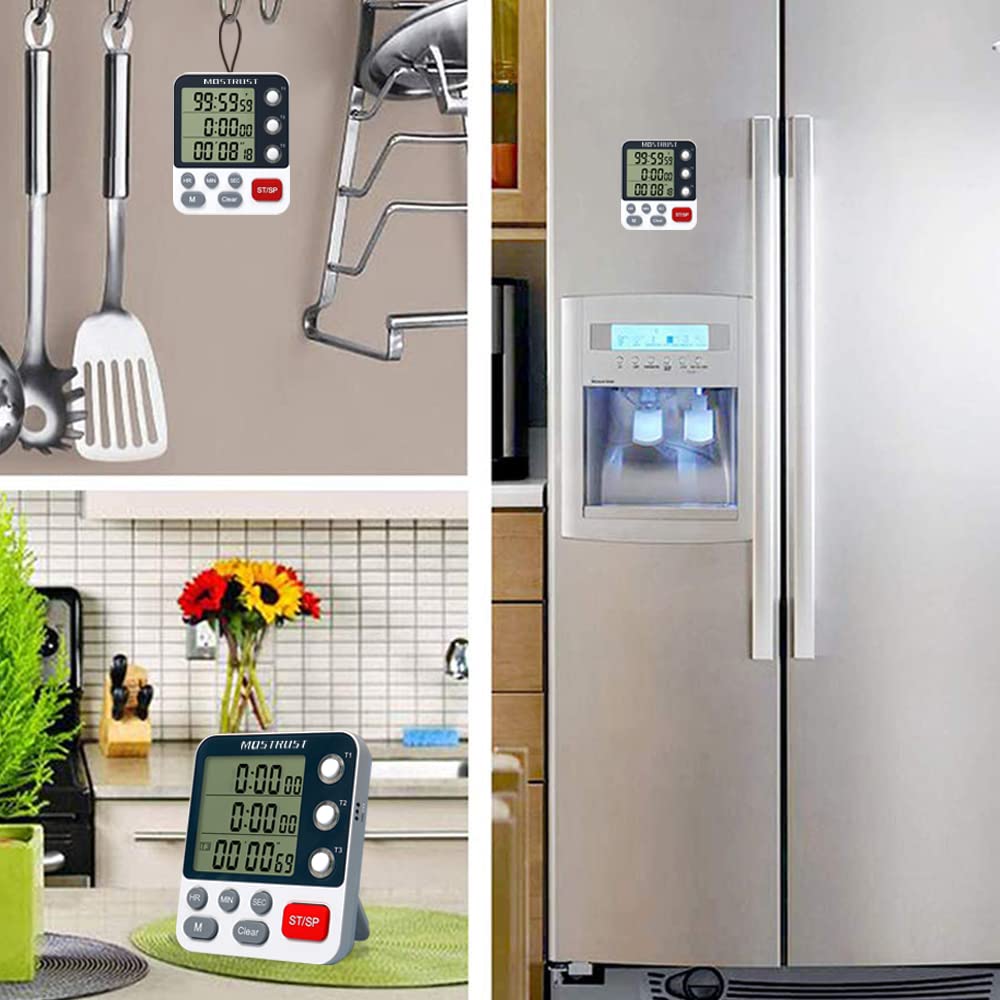 Digital Dual Kitchen Timer with 3 Channels - Count Up/Down Triple Cooking Timer for Baking, Memory Presets, Magnetic Back & Large Display - Adjustable Alarm Volume for Multi Time Management - Perfect for Baking, Cooking, Meal Prep & Kitchen Organization