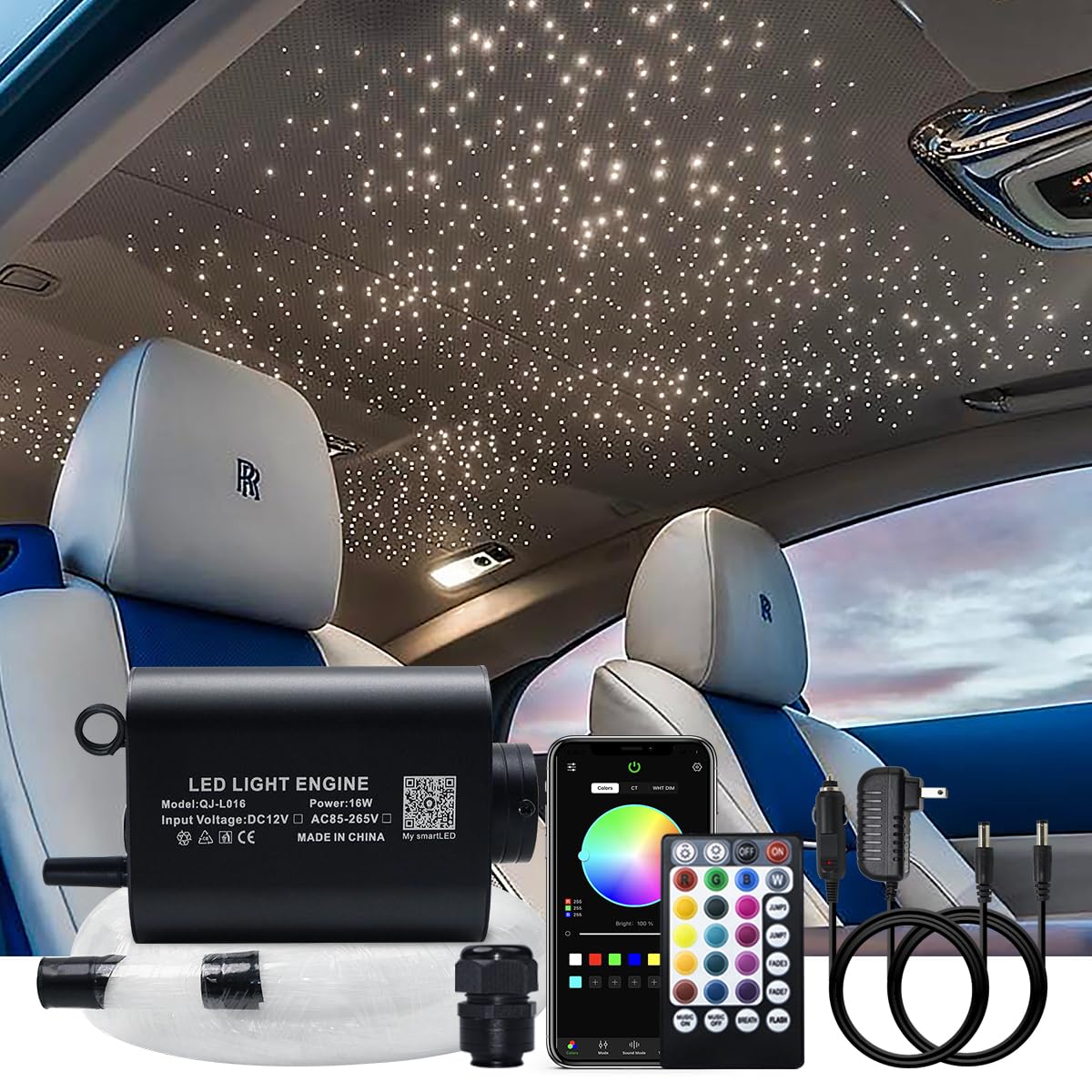 AKEPO 16W Fiber Optic Star Ceiling Light Kit with Music Sync & APP Control - RGBW Sound Sensor LED Light Source for Home & Car Decor, Includes 28-Key RF Remote & 550pcs 0.75mm Fiber Cable (13.1ft/4m) - Perfect for Bedroom, Theater, Party & Relaxation Lighting