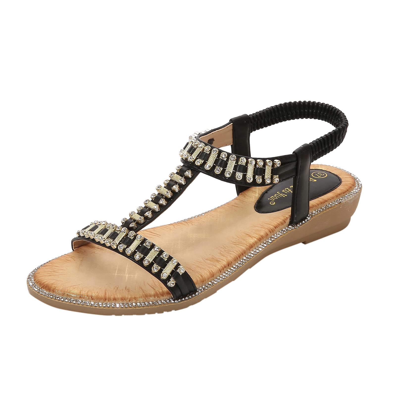 Women's Comfortable Flat Sandals - Slip On Casual Slippers with Elastic Strap & Crystal Studs - Roman Wedge Sandals for Women | Perfect for Beach, Vacation & Summer Outfits