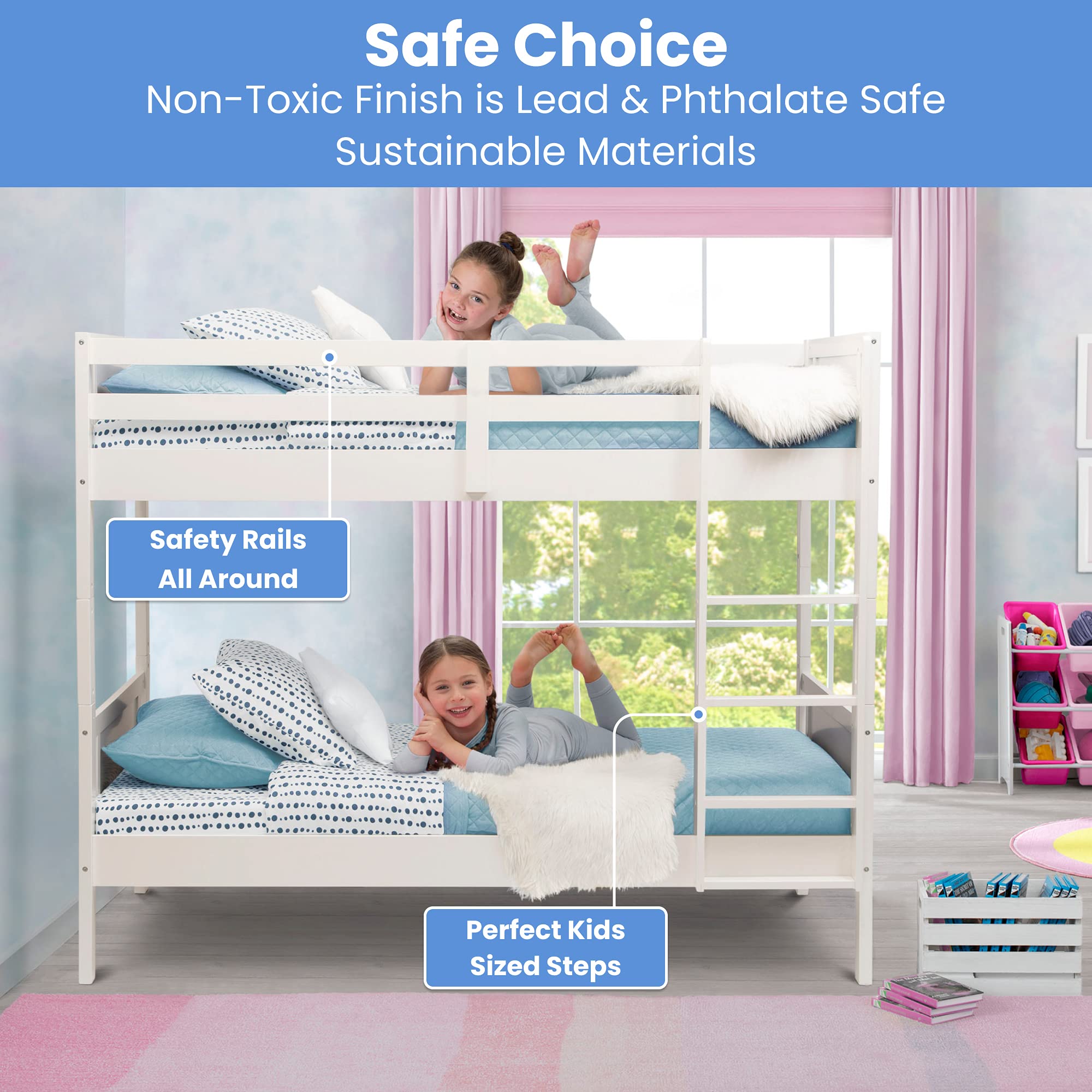 Delta Children White Convertible Twin Over Twin Wood Bunk Bed with Ladder & Guardrails - Converts to 2 Standalone Twin Beds - Sturdy & Safe Kids Bedroom Furniture for Small Spaces - Ships in 2 Boxes | Perfect for Shared Kids Rooms, Sleepovers & Space-Saving Solutions