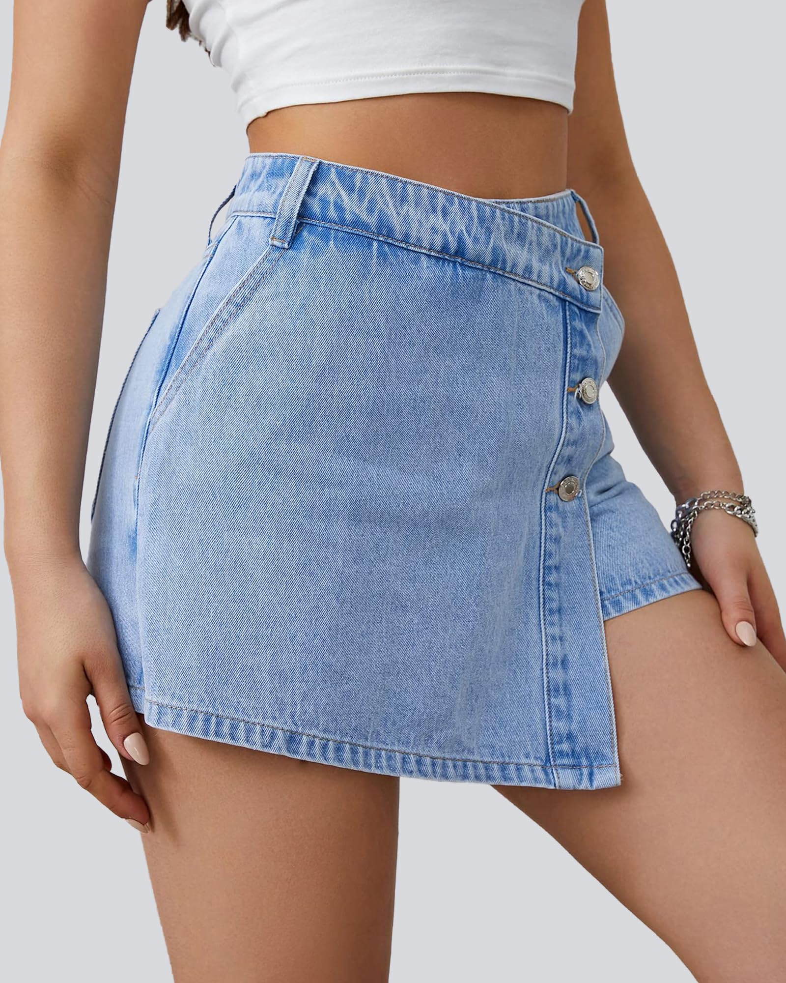 Women's High Waisted Denim Shorts - Casual Button Up Asymmetrical Jean Skort Skirt Mini Shorts for Summer Outfits, Beachwear & Street Style Fashion