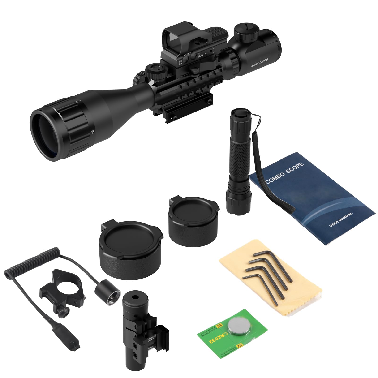 4-16x50AO Rifle Scope with Red/Green Dual Illuminated Reticle | Green Laser Sight | 5-Mode Rail Mount Flashlight | Hunting & Tactical Shooting Accessories | Perfect for Long-Range Target Practice & Outdoor Adventures